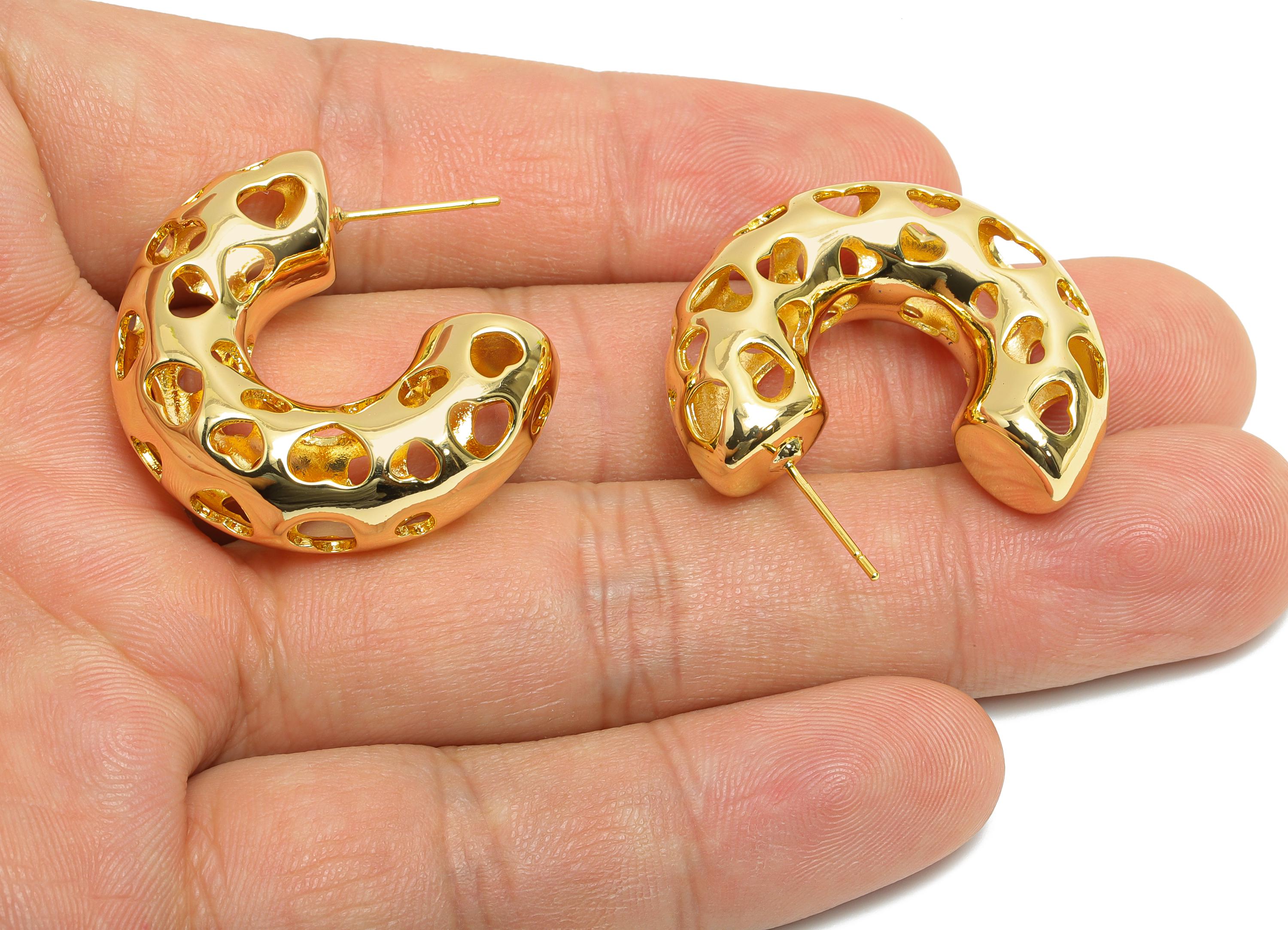 Heart Hoop Earring Post - Brass Hollow Heart Earring - Artistic Earring Post - Gold Trendy Hoop Earring - Bold Jewelry - 31x25x10mm -RGP9389 - DOMEDBAZAAR