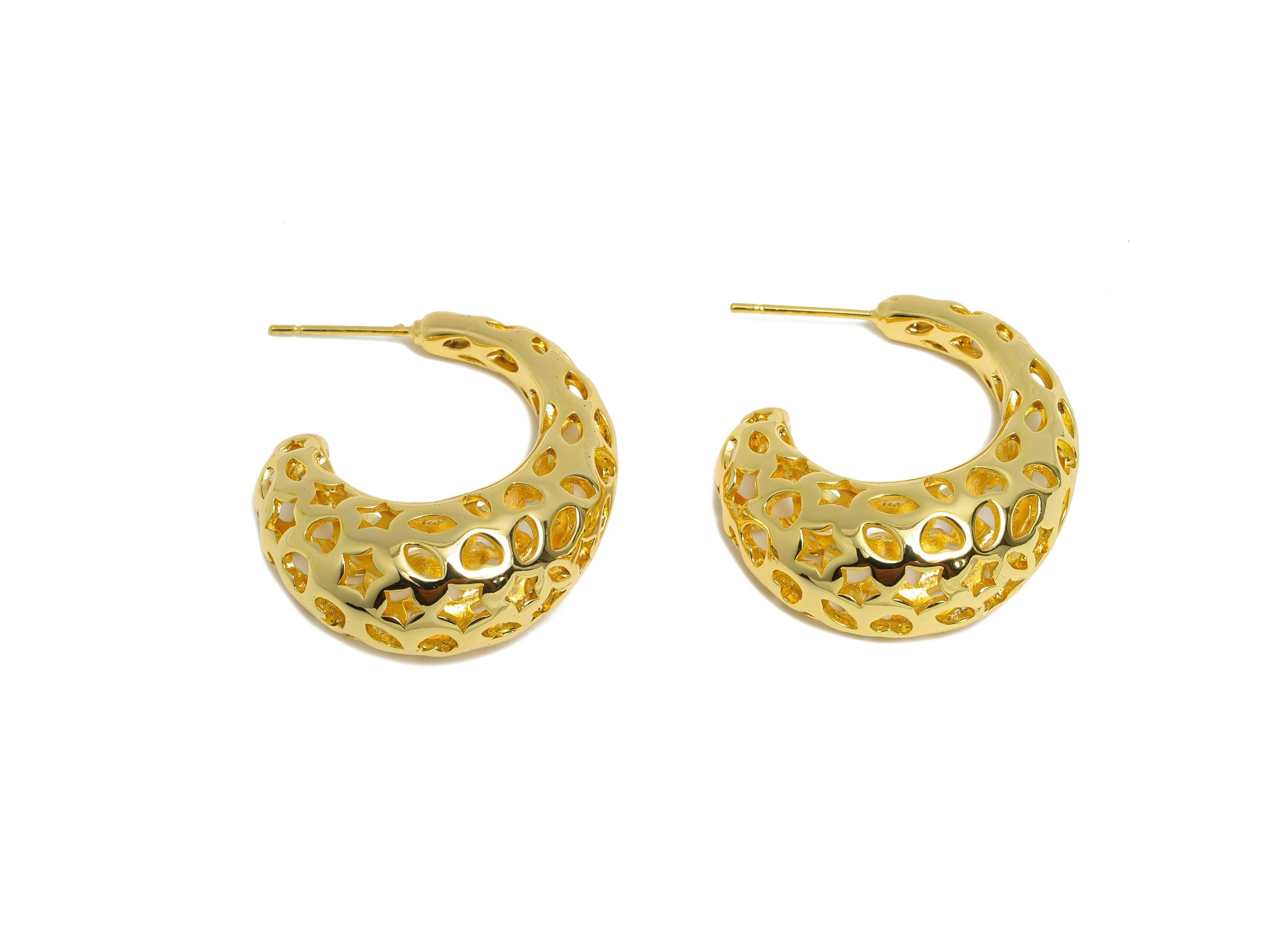 Brass Hoop Earring - Brass Hollow Drop Earring - Artistic Earring Post - Pattern Cutout Gold Jewelry - Bold Jewelry - 31x26x12mm-RGP9395 - DOMEDBAZAAR