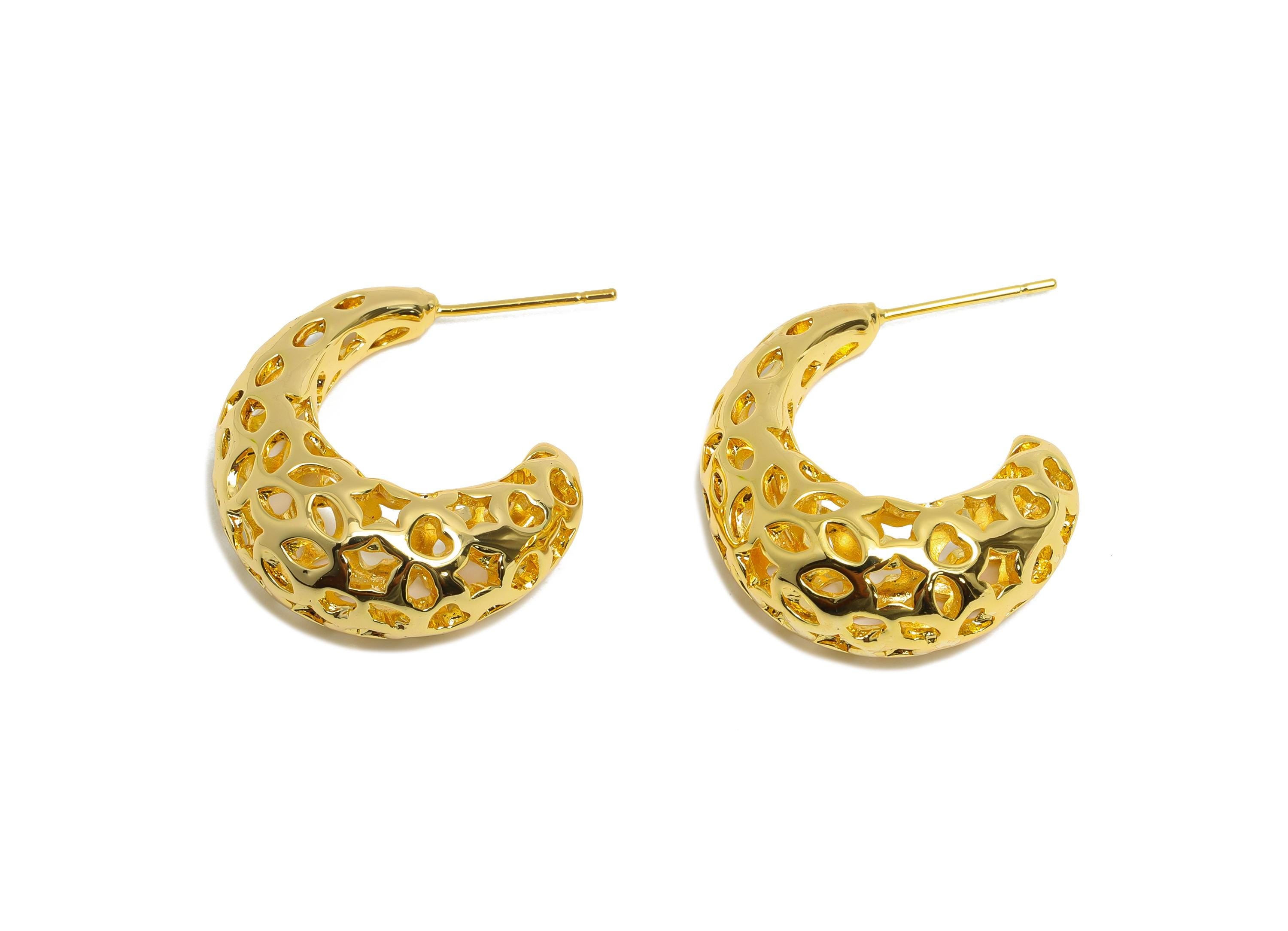 Brass Hoop Earring - Brass Hollow Drop Earring - Artistic Earring Post - Pattern Cutout Gold Jewelry - Bold Jewelry - 26x23x10mm - RGP9396 - DOMEDBAZAAR