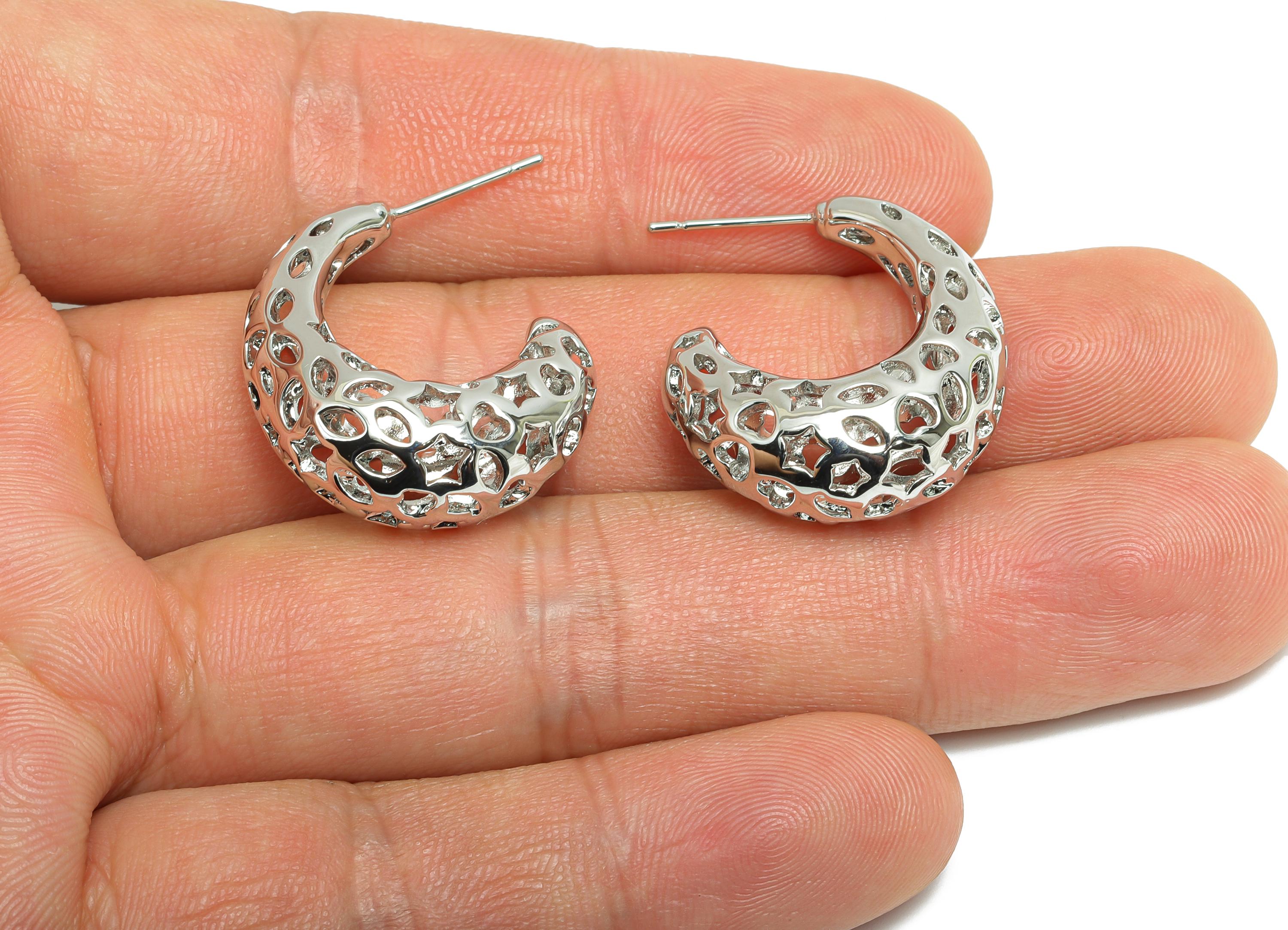 Brass Hoop Earring - Brass Hollow Drop Earring - Artistic Earring Post - Pattern Cutout Jewelry - sILVER Bold Jewelry - 26x23x10mm-RGP9396S - DOMEDBAZAAR