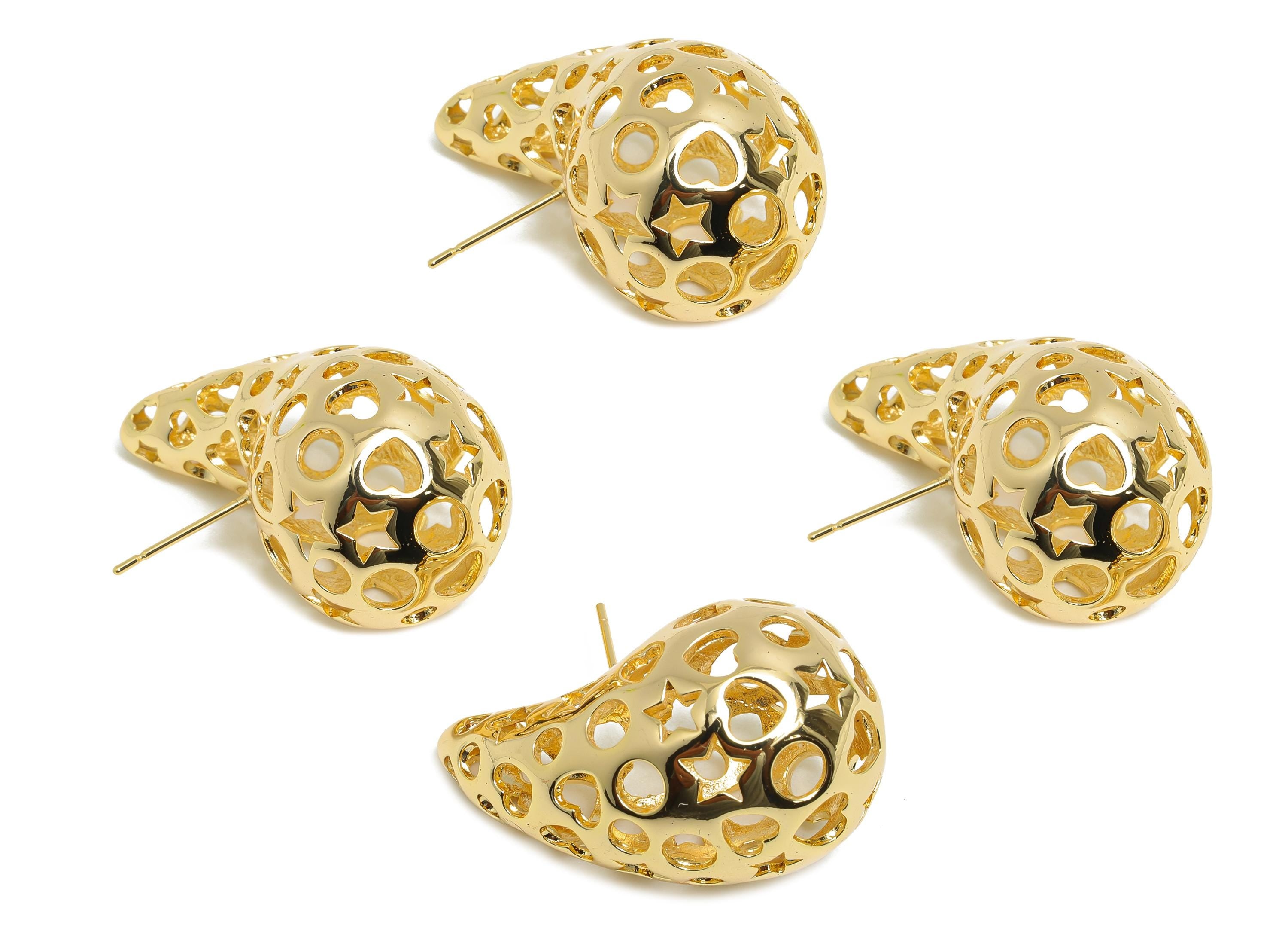 Teardrop Earring Post - Brass Hollow Pattern Earring - Artistic Earring Post - Trendy Modern Earring - Bold Jewelry - 26x16x15mm - RGP9387 - DOMEDBAZAAR