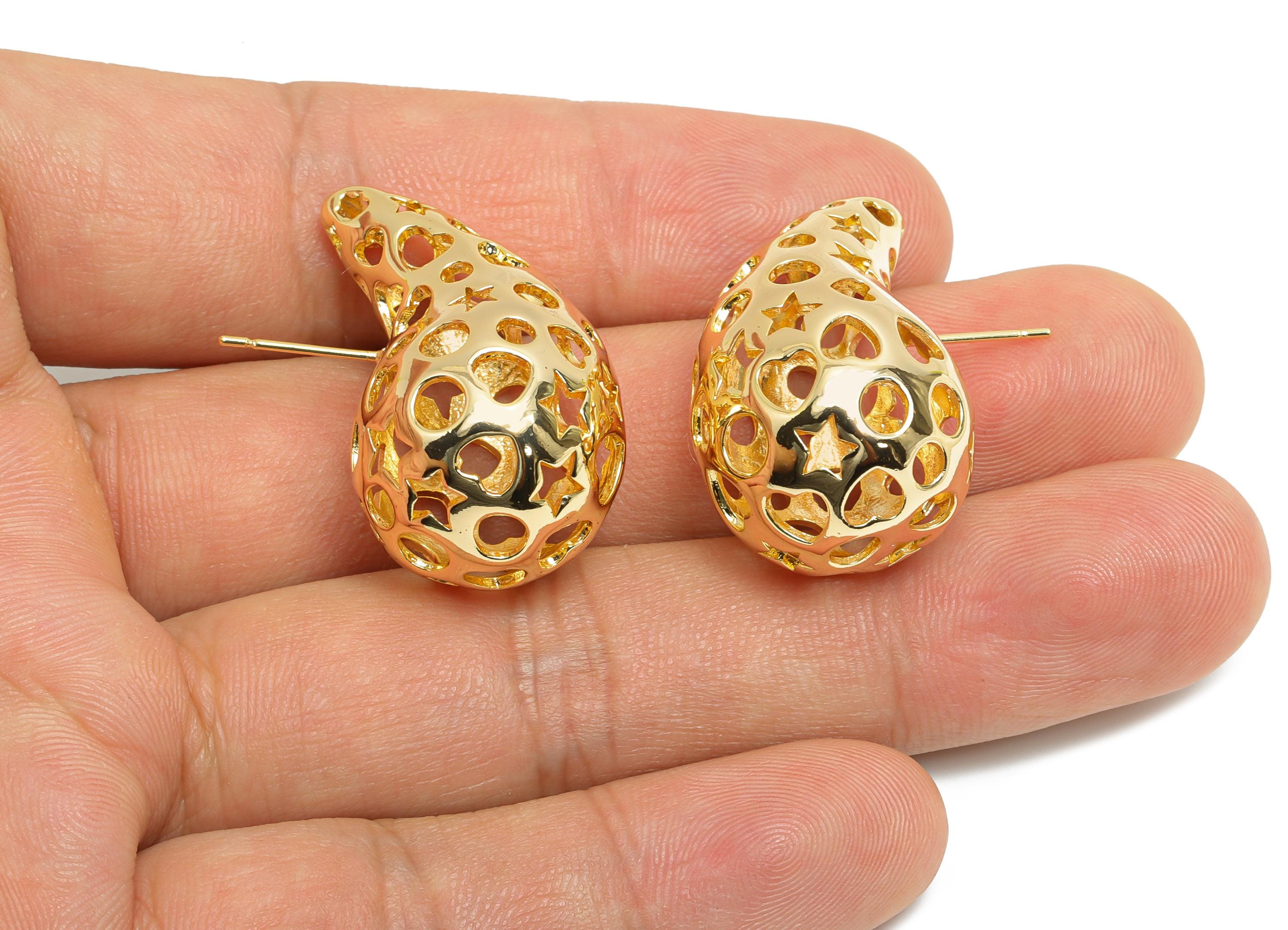 Teardrop Earring Post - Brass Hollow Pattern Earring - Artistic Earring Post - Trendy Modern Earring - Bold Jewelry - 26x16x15mm - RGP9387 - DOMEDBAZAAR