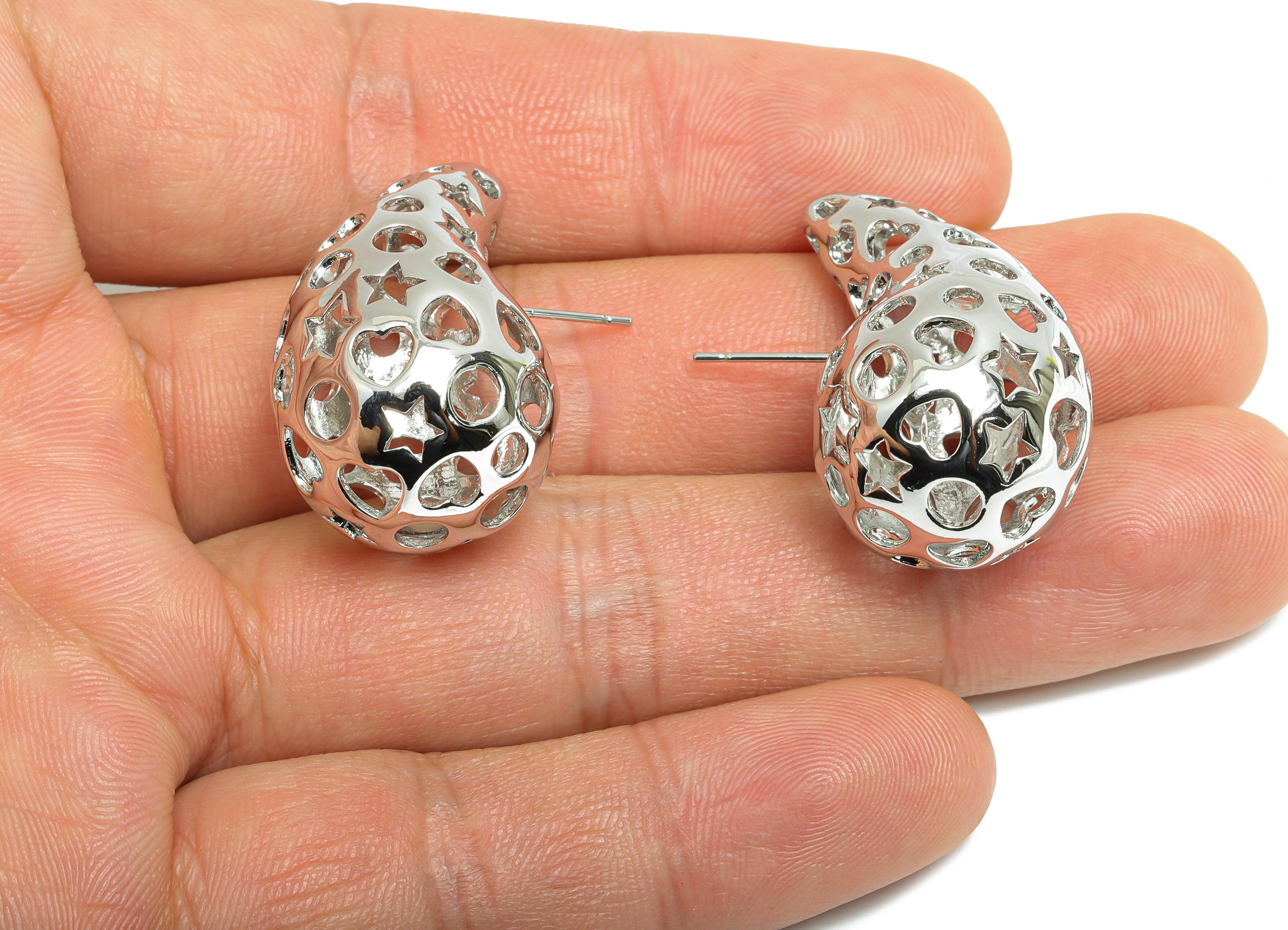 Teardrop Earring Post - Brass Hollow Pattern Earring - Artistic Earring Post - Trendy Modern Earring - Bold Jewelry - 26x16x15mm - RGP9387S - DOMEDBAZAAR