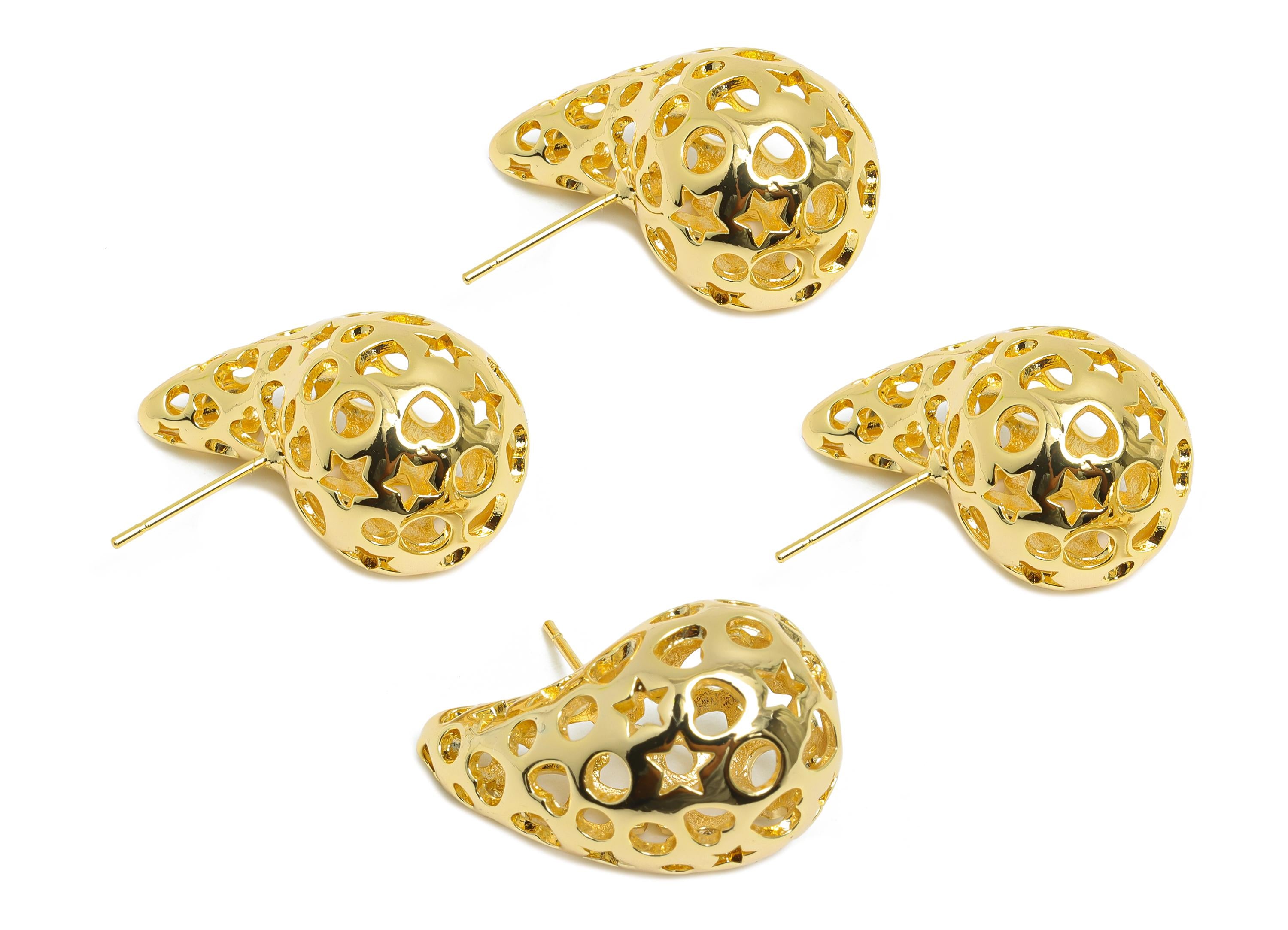 Teardrop Earring Post - Brass Hollow Pattern Earring - Artistic Earring Post - Trendy Modern Earring - Bold Jewelry - 26x16x15mm - RGP9388 - DOMEDBAZAAR