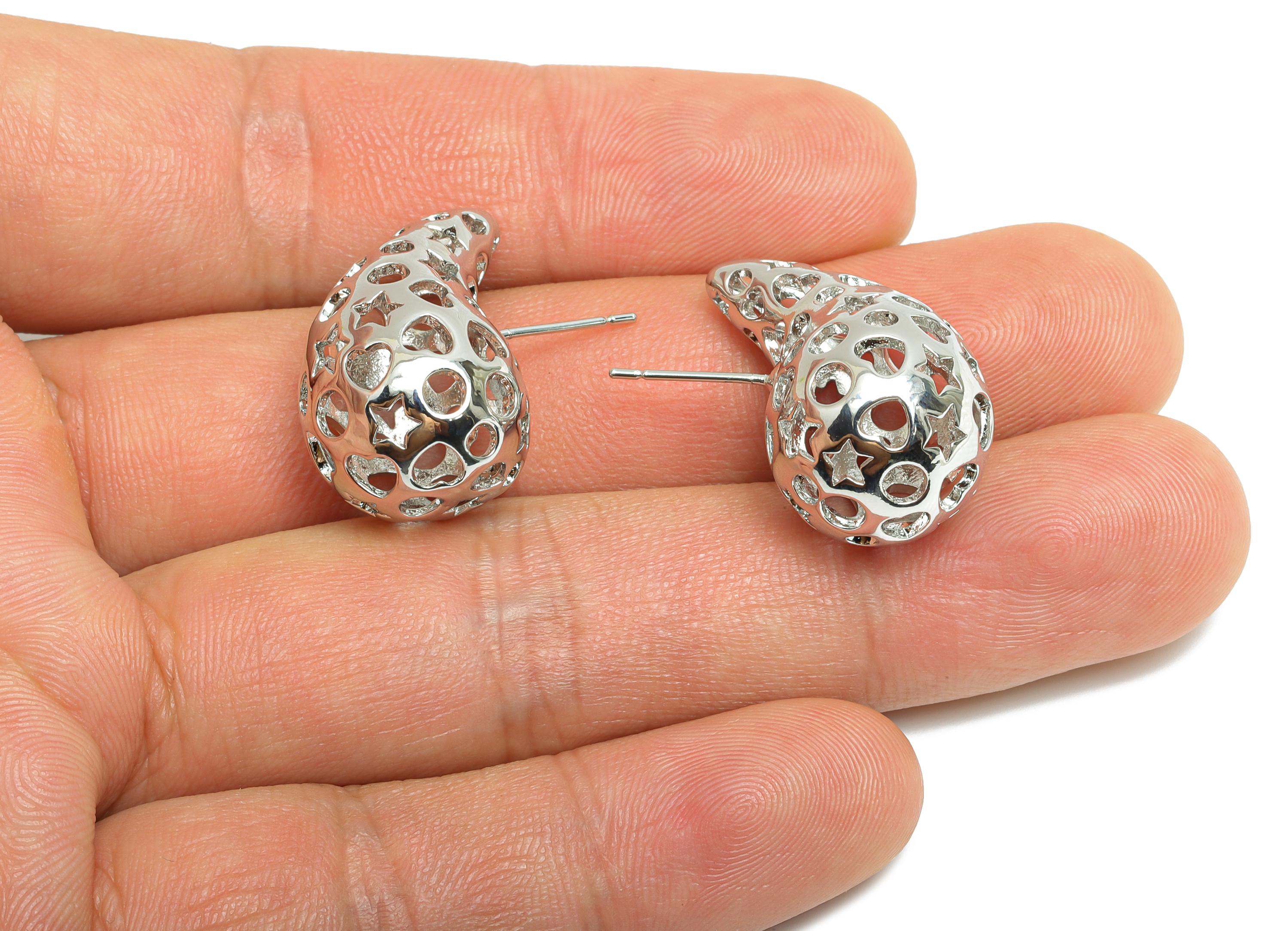 Teardrop Earring Post - Brass Hollow Pattern Earring - Artistic Earring Post - Trendy Modern Earring - Bold Jewelry - 26x16x15mm - RGP9388S - DOMEDBAZAAR