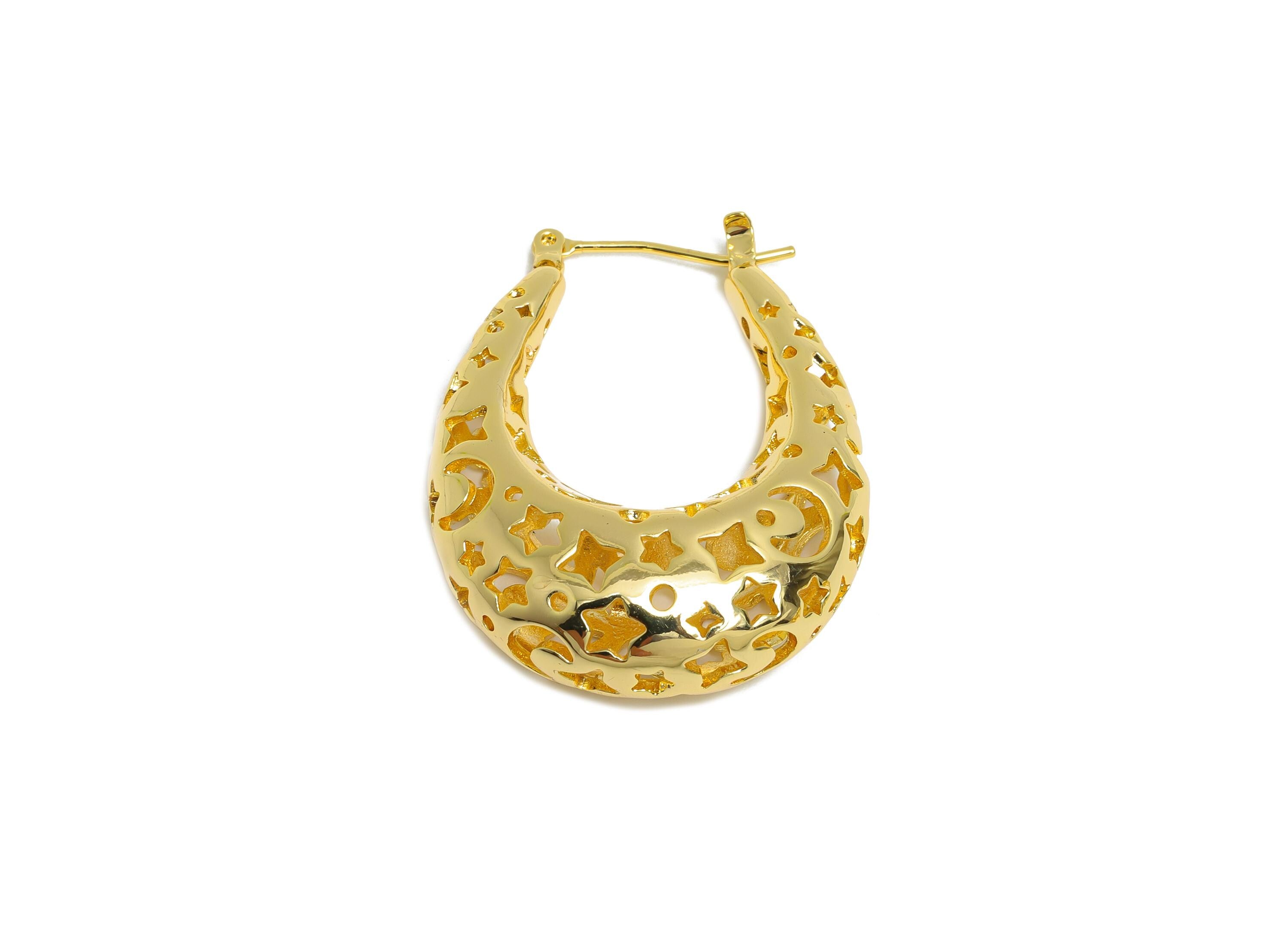 Brass Hoop Earring - Brass Hollow Space Earring - Artistic Earring Post - Star Moon Pattern Hinged Back - Bold Jewelry - 36x28x11mm -RGP9391 - DOMEDBAZAAR