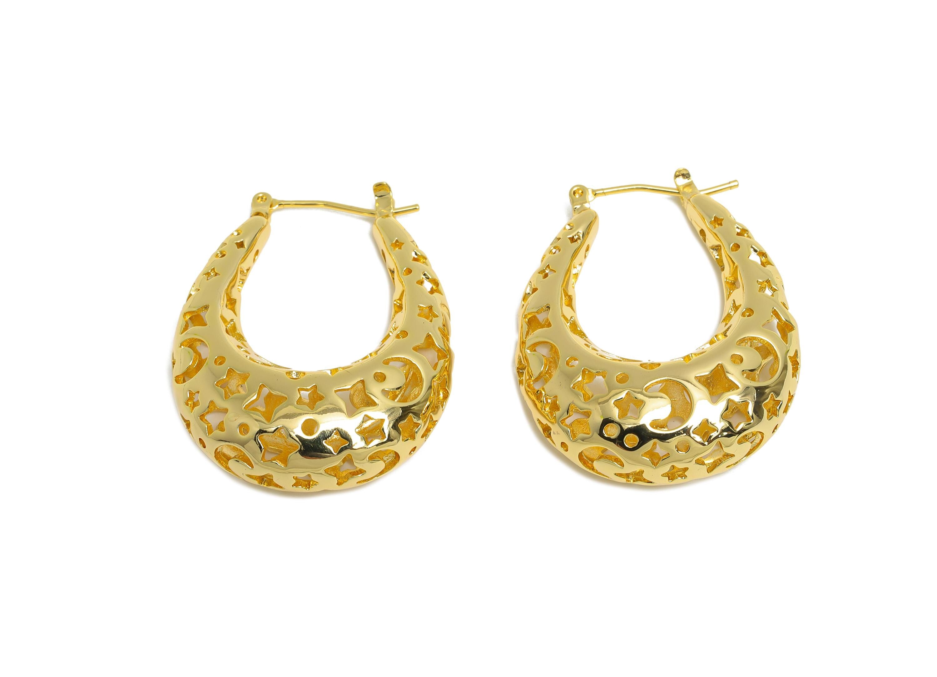 Brass Hoop Earring - Brass Hollow Space Earring - Artistic Earring Post - Star Moon Pattern Hinged Back - Bold Jewelry - 36x28x11mm -RGP9391 - DOMEDBAZAAR