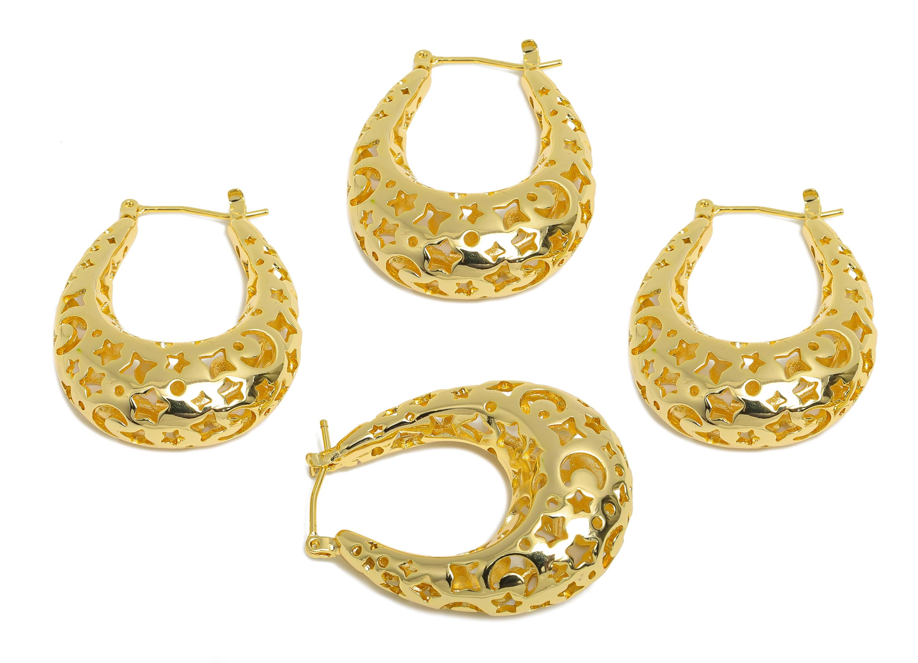 Brass Hoop Earring - Brass Hollow Space Earring - Artistic Earring Post - Star Moon Pattern Hinged Back - Bold Jewelry - 36x28x11mm -RGP9391 - DOMEDBAZAAR