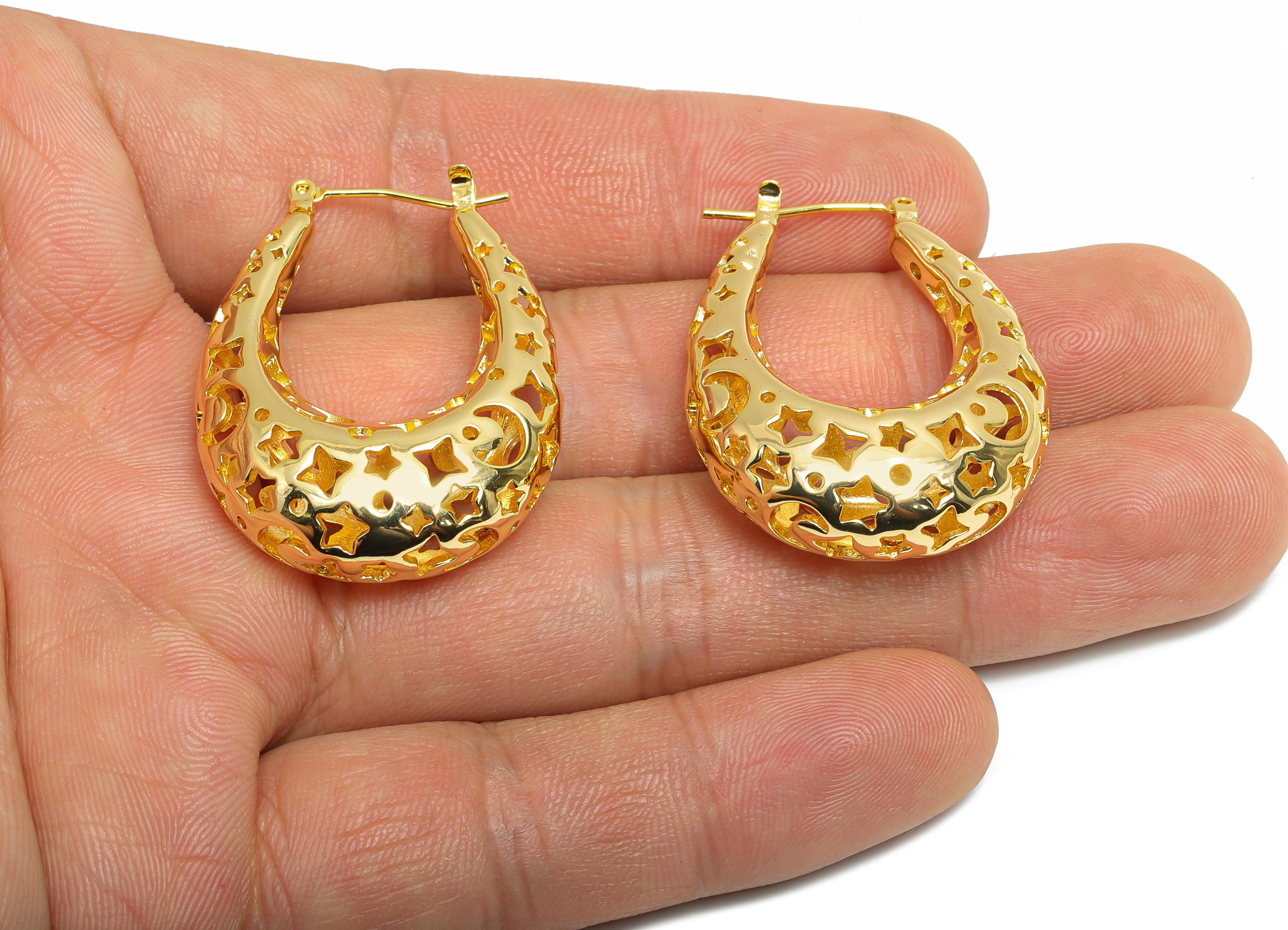 Brass Hoop Earring - Brass Hollow Space Earring - Artistic Earring Post - Star Moon Pattern Hinged Back - Bold Jewelry - 36x28x11mm -RGP9391 - DOMEDBAZAAR
