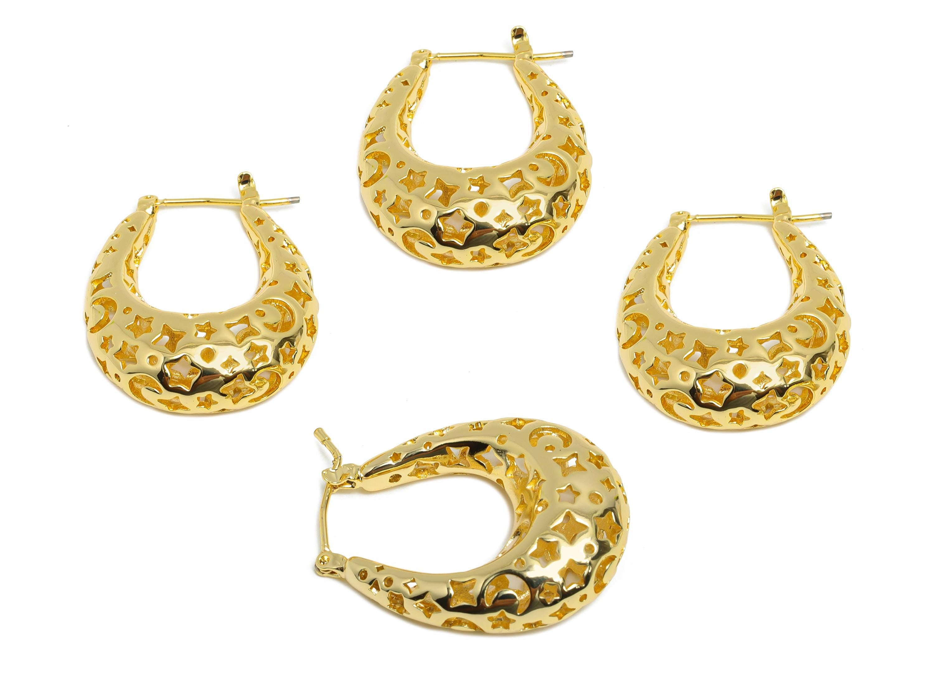 Brass Hoop Earring - Brass Hollow Space Earring - Artistic Earring Post - Star Moon Pattern Hinged Back - Bold Jewelry - 31x24x9mm - RGP9392 - DOMEDBAZAAR