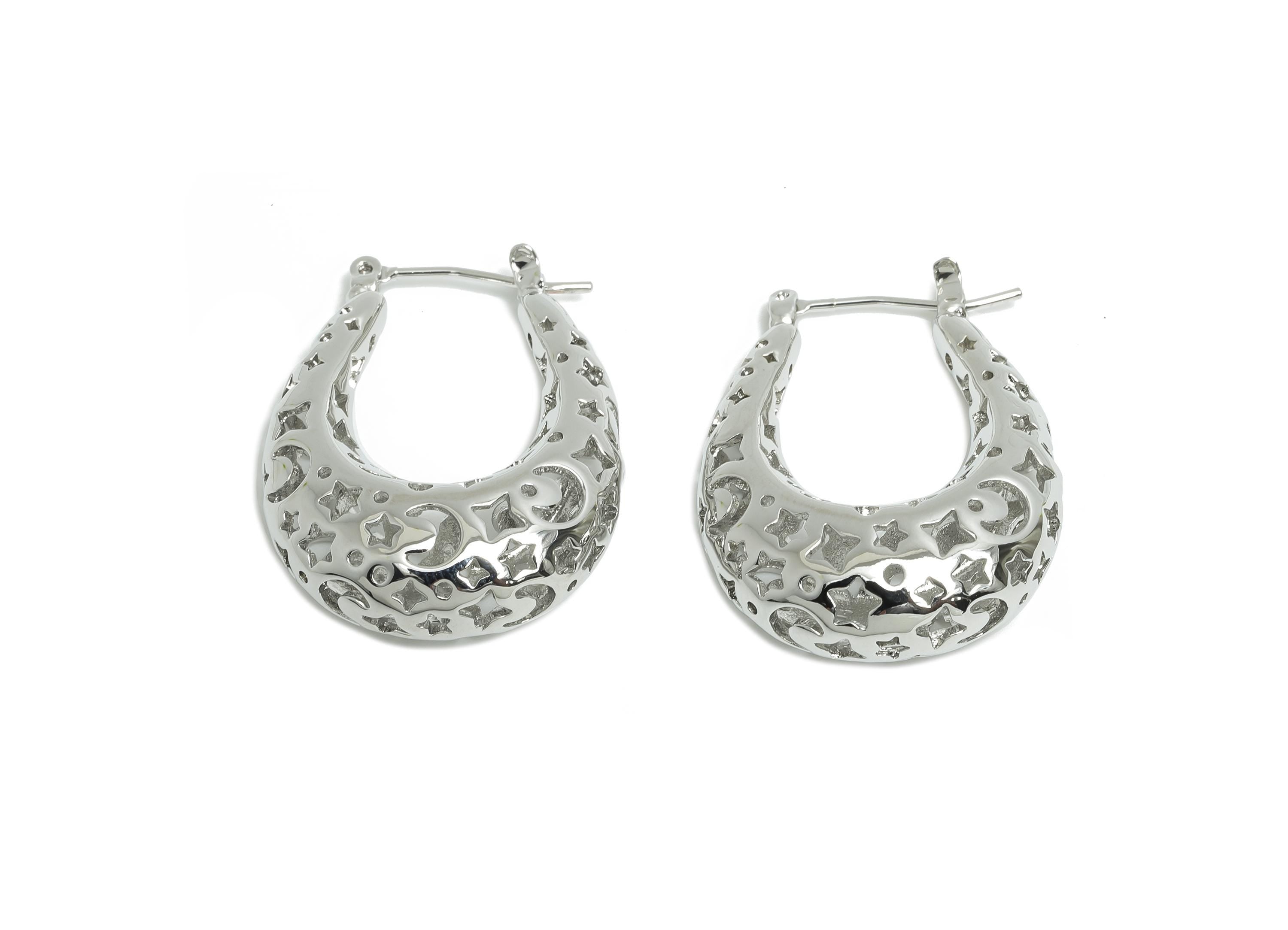 Brass Hoop Earring - Brass Hollow Space Earring - Artistic Earring Post - Star Moon Pattern Hinged Back - Bold Jewelry - 31x24x9mm -RGP9392S - DOMEDBAZAAR