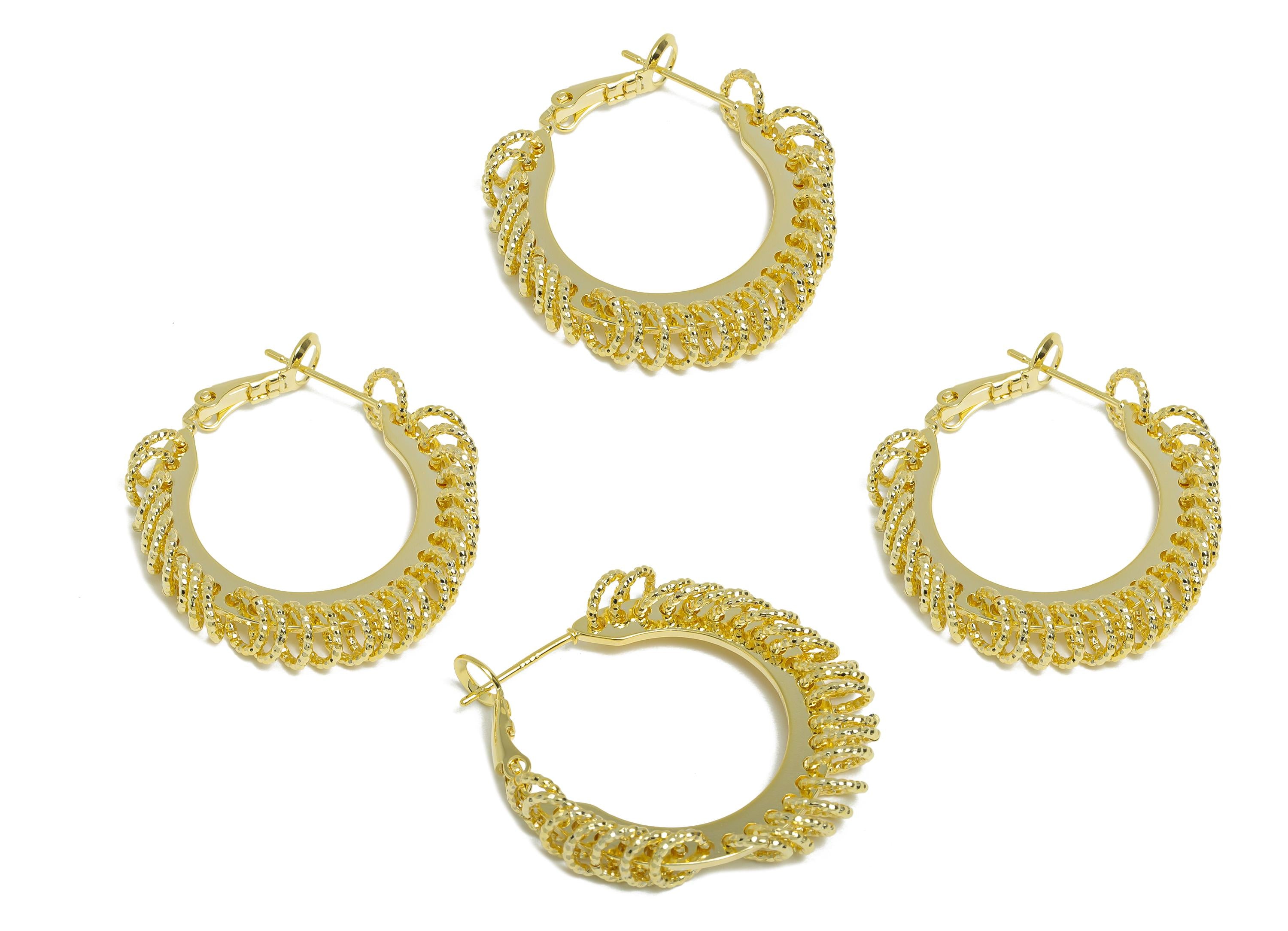 Brass Round Hoop Earring - Gold Intricate Hanging Ring Earring - Textured Clasp Back Earring - 14K Real Gold Plated - 30x29x5mm - RGP9516-14 - DOMEDBAZAAR
