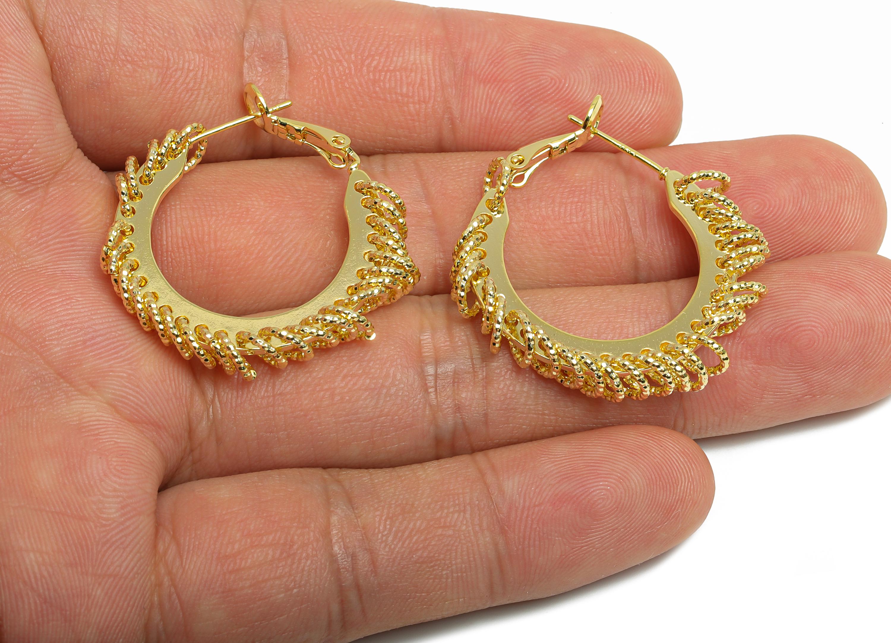 Brass Round Hoop Earring - Gold Intricate Hanging Ring Earring - Textured Clasp Back Earring - 14K Real Gold Plated - 30x29x5mm - RGP9516-14 - DOMEDBAZAAR