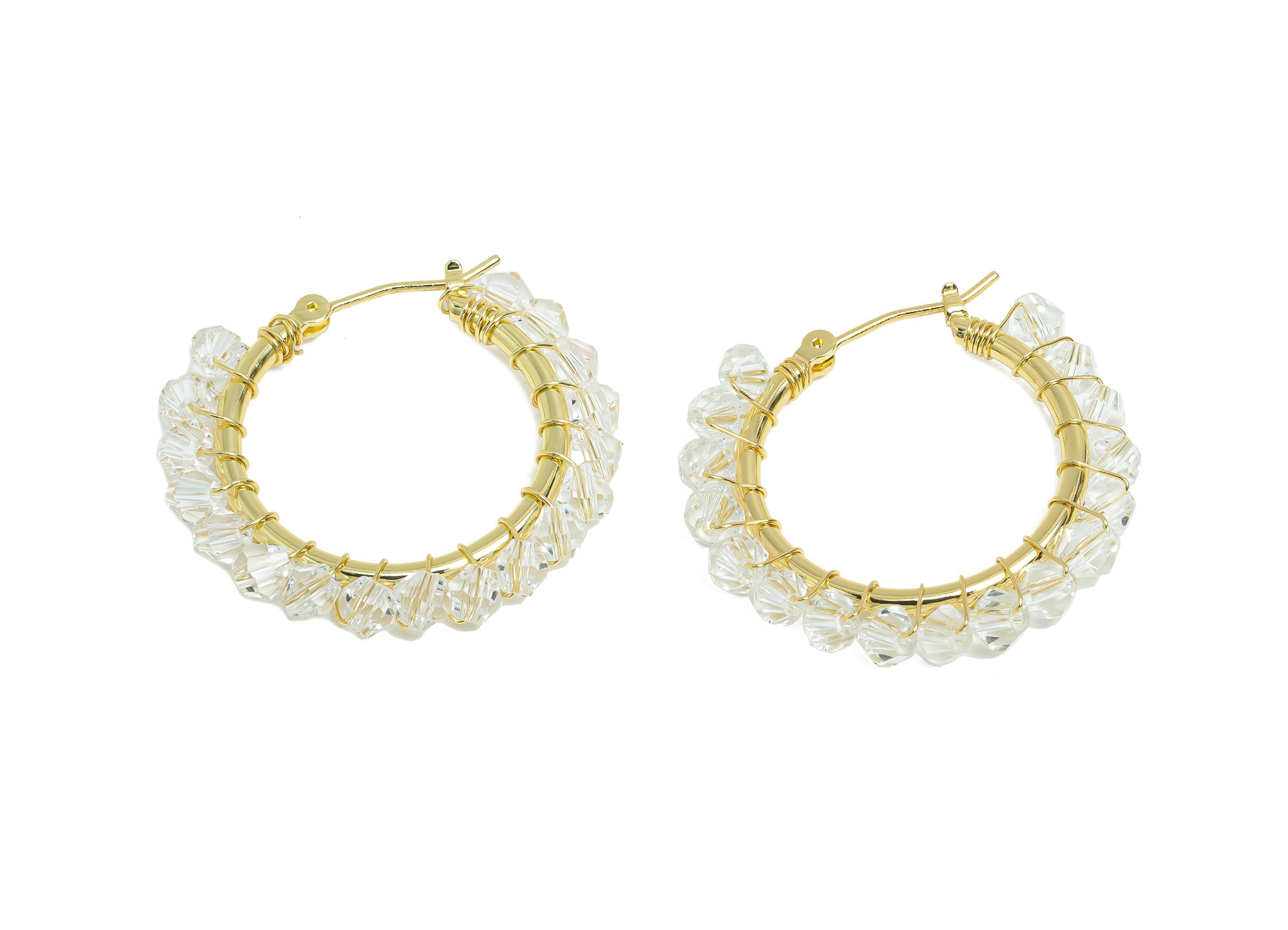 Brass Beaded Hoop Earrings - Gold Braided Zircon Earrings - Geometric Hinged Back Earrings - 14K Real Gold-Plated - 32x29x3.8mm - RGP9447-14 - DOMEDBAZAAR