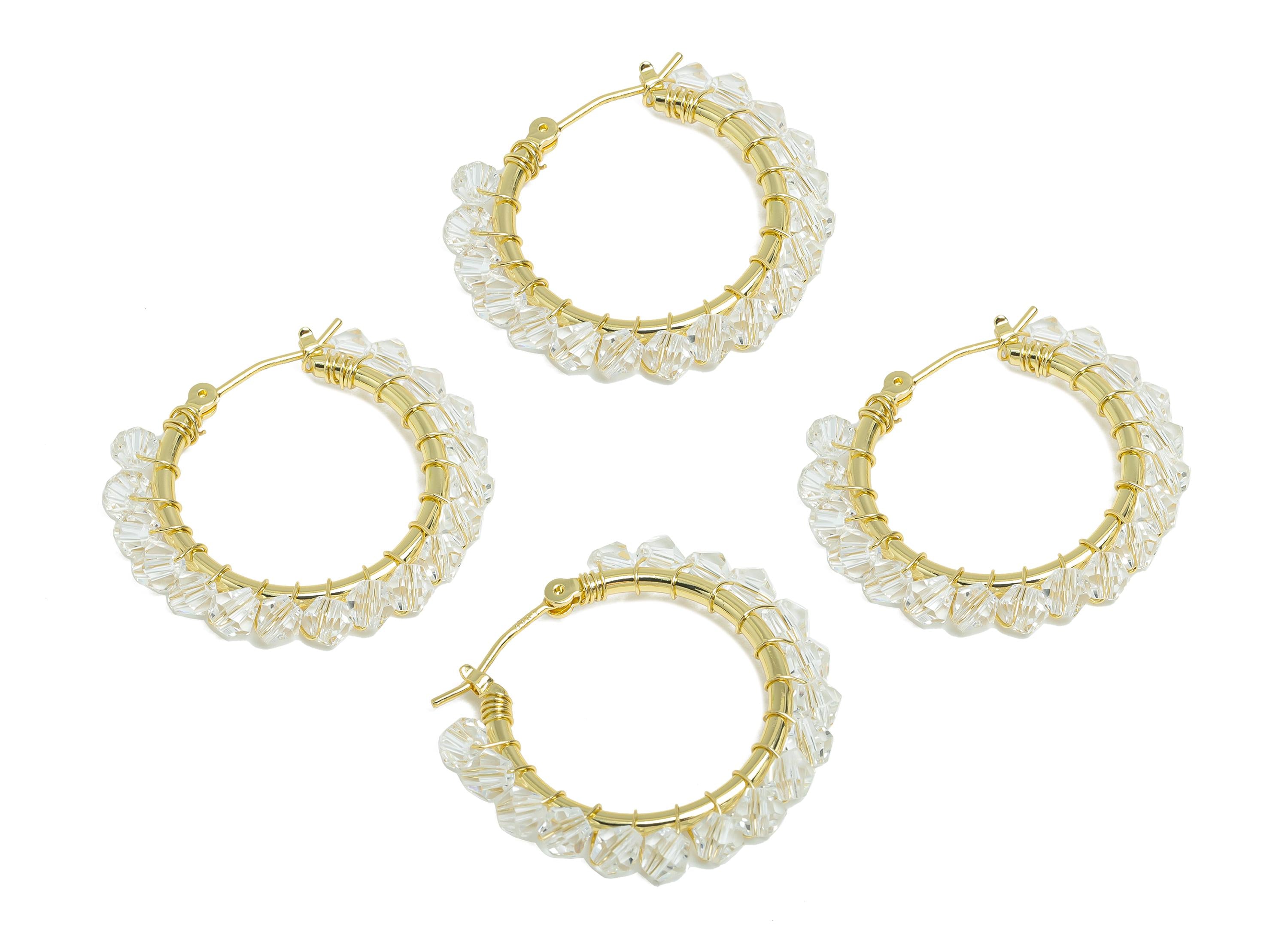 Brass Beaded Hoop Earrings - Gold Braided Zircon Earrings - Geometric Hinged Back Earrings - 14K Real Gold-Plated - 32x29x3.8mm - RGP9447-14 - DOMEDBAZAAR