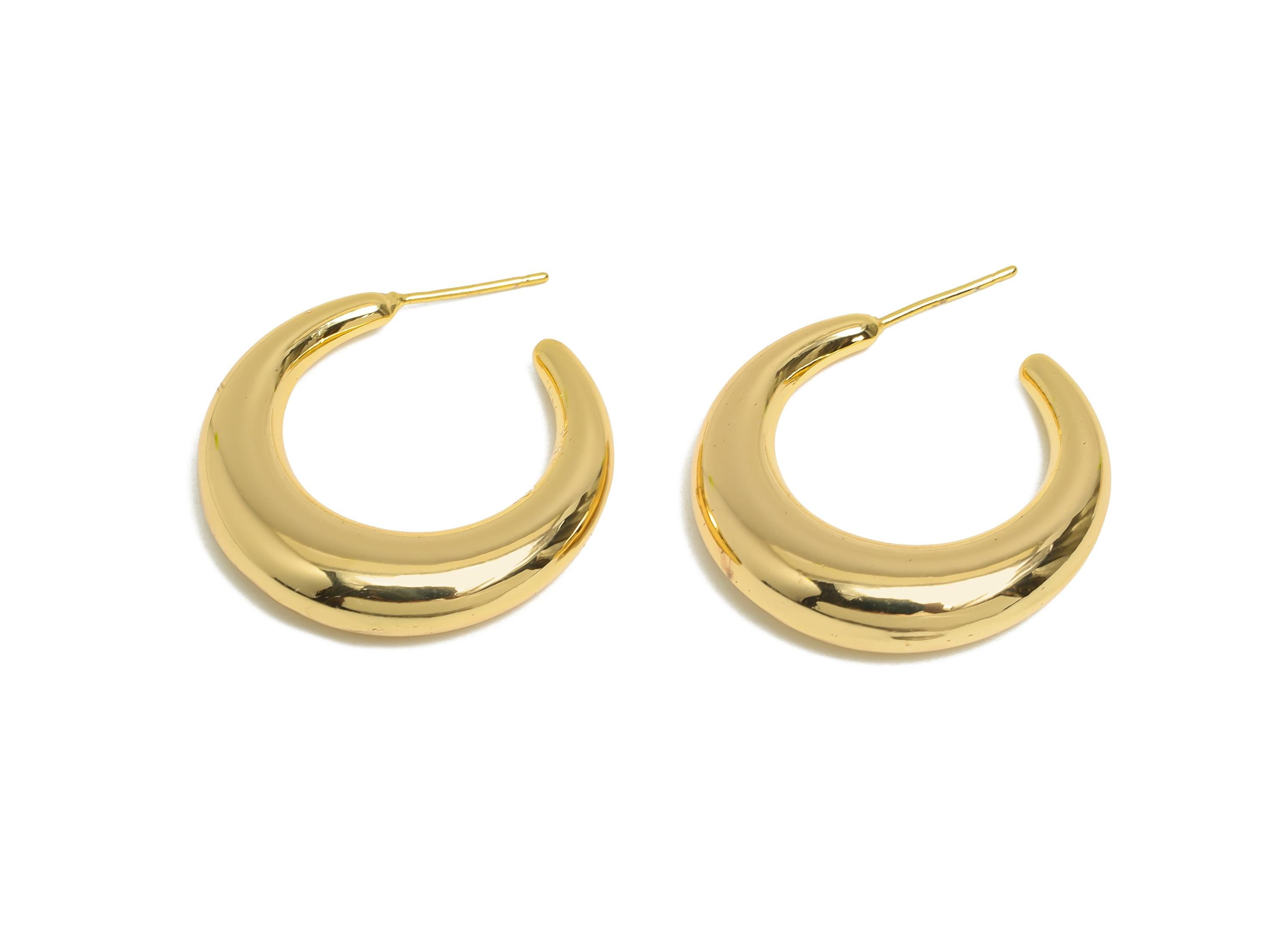 Brass Crescent Earring Stud - Gold Half-Moon Earring - Minimalist Open C Hoop Earring Post- 18K Real Gold-Plated Brass -30x28x6.6mm -RGP9502 - DOMEDBAZAAR