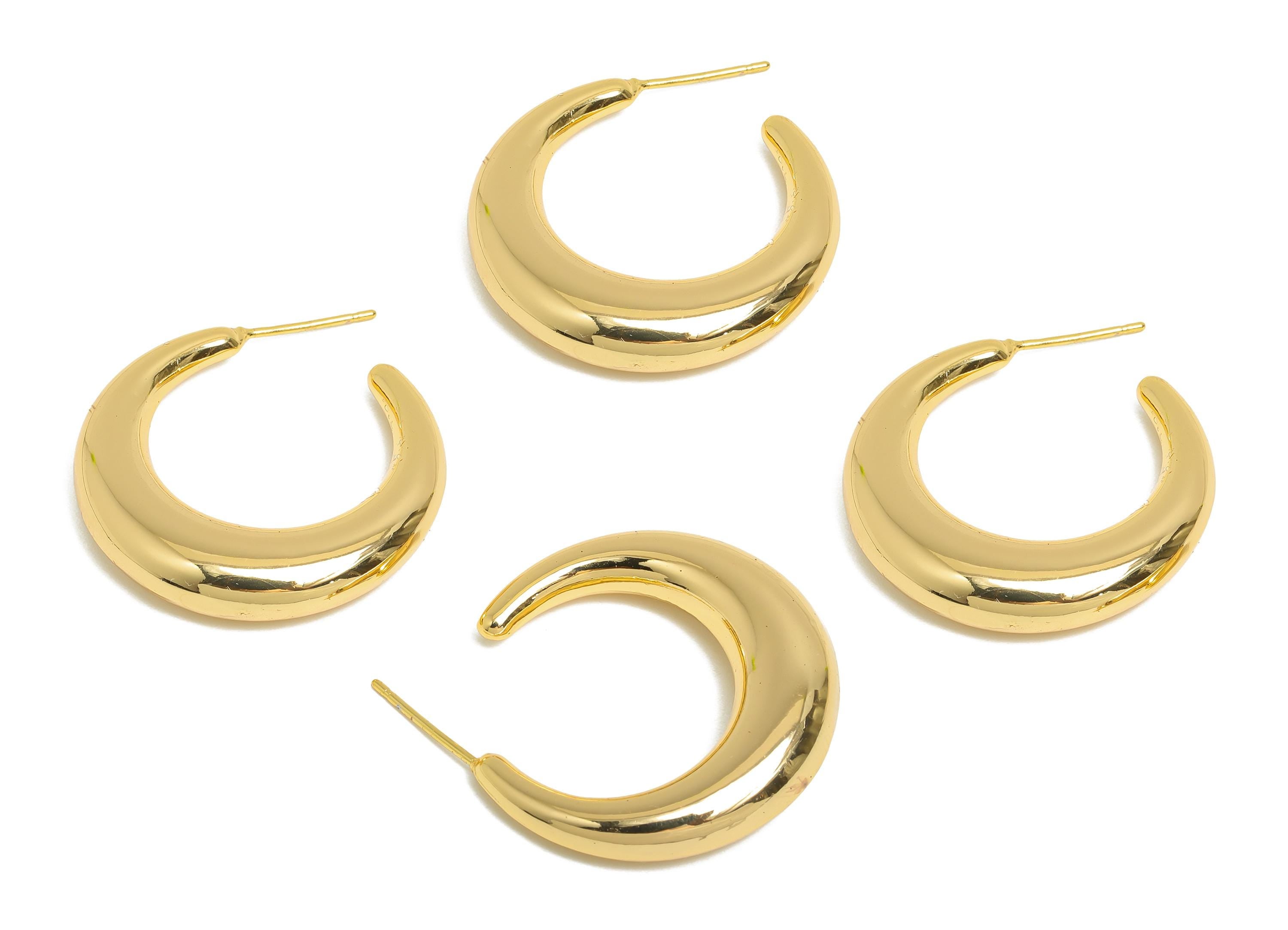 Brass Crescent Earring Stud - Gold Half-Moon Earring - Minimalist Open C Hoop Earring Post- 18K Real Gold-Plated Brass -30x28x6.6mm -RGP9502 - DOMEDBAZAAR