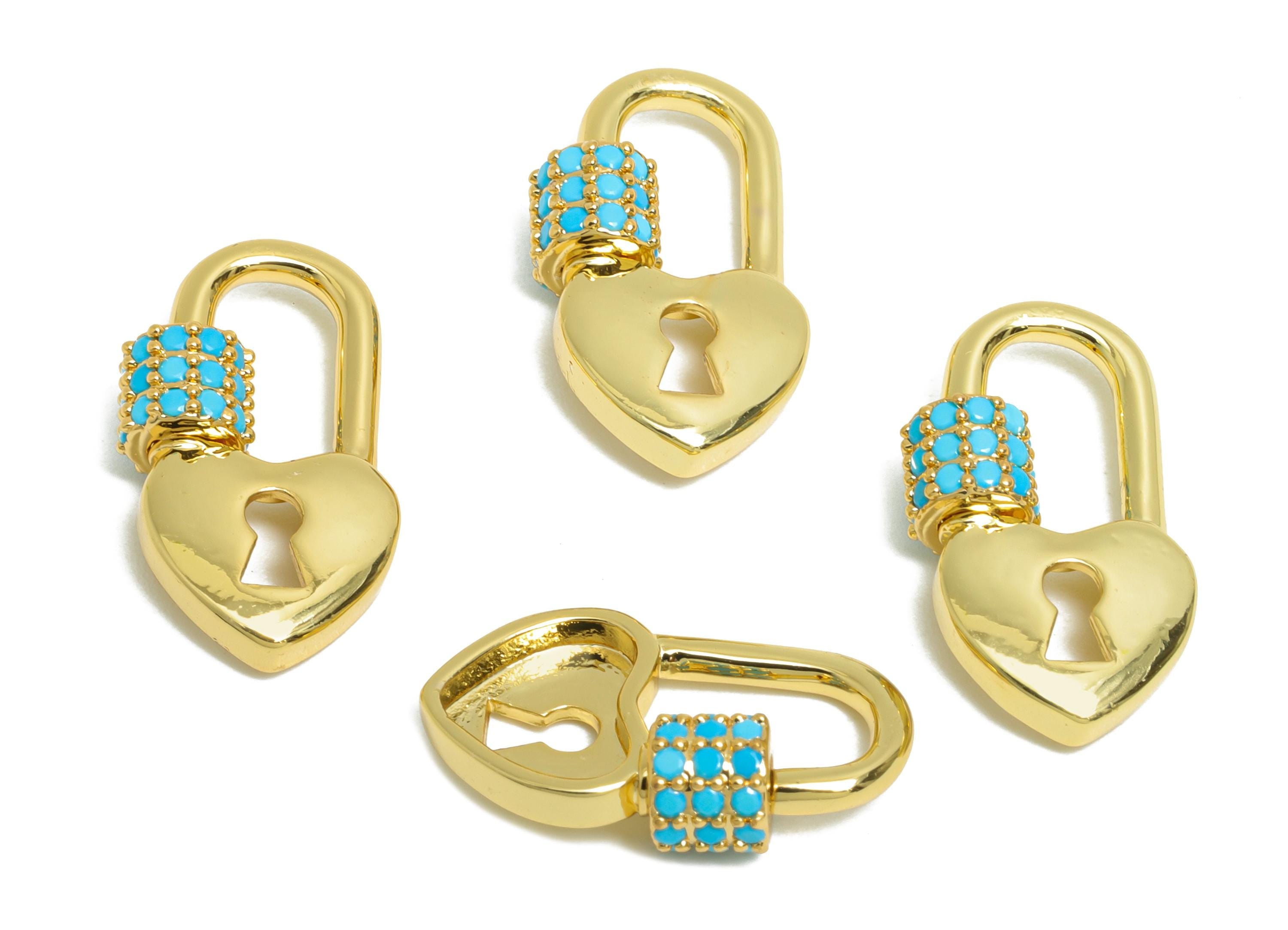 Brass Heart Lock Clasp - Gold Zircon Screw Clasp Earring - Brass Unique Heart Screw Clasp Earring - 18K Real Gold Plated - 18x10x5mm-RGP9418 - DOMEDBAZAAR