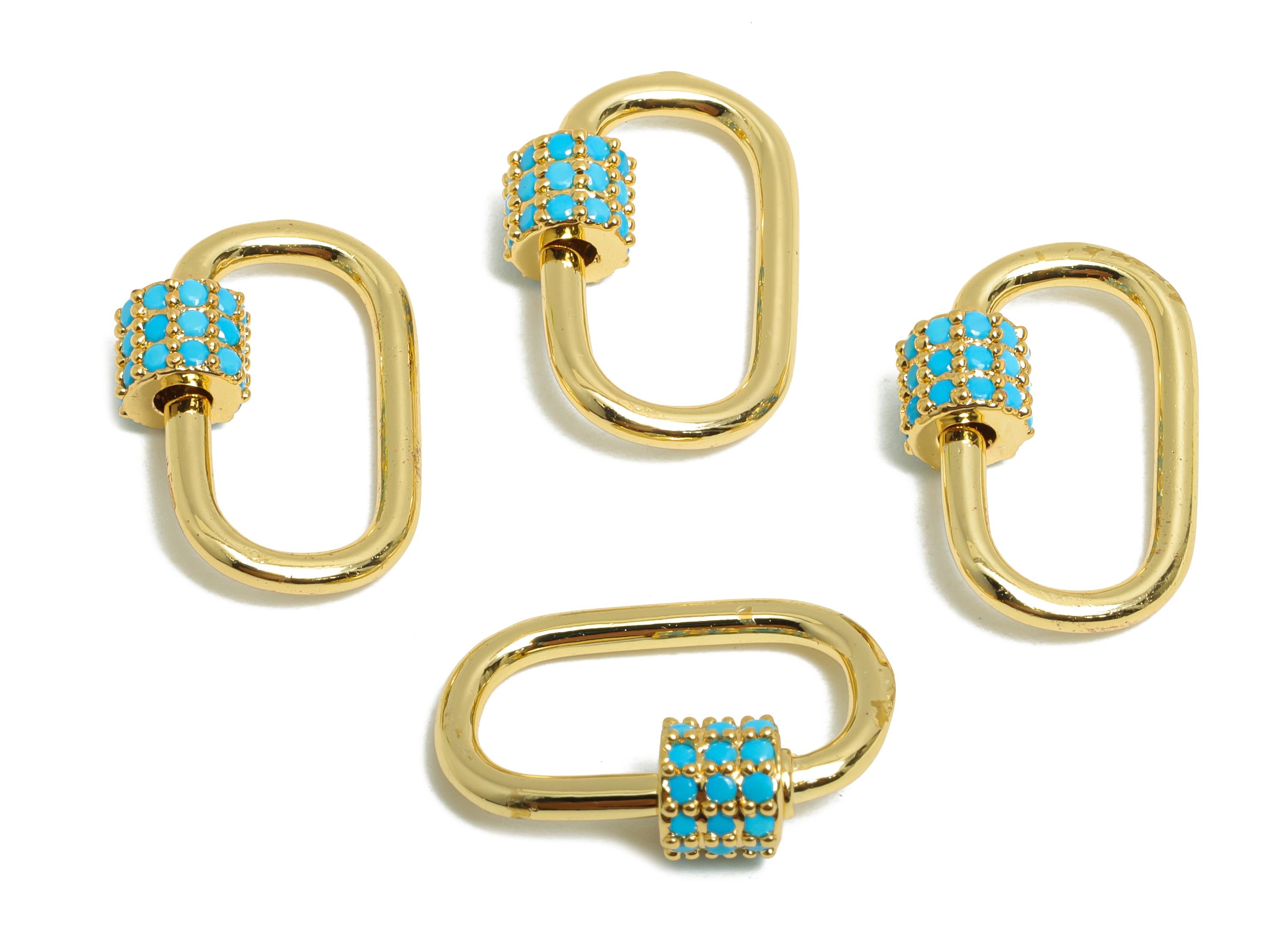 Brass Oval Lock Clasp - Gold Blue Zircon Screw Clasp Earring - Unique Heart Screw Clasp Earring - 18K Real Gold Plated -18x12x5mm - RGP9421 - DOMEDBAZAAR