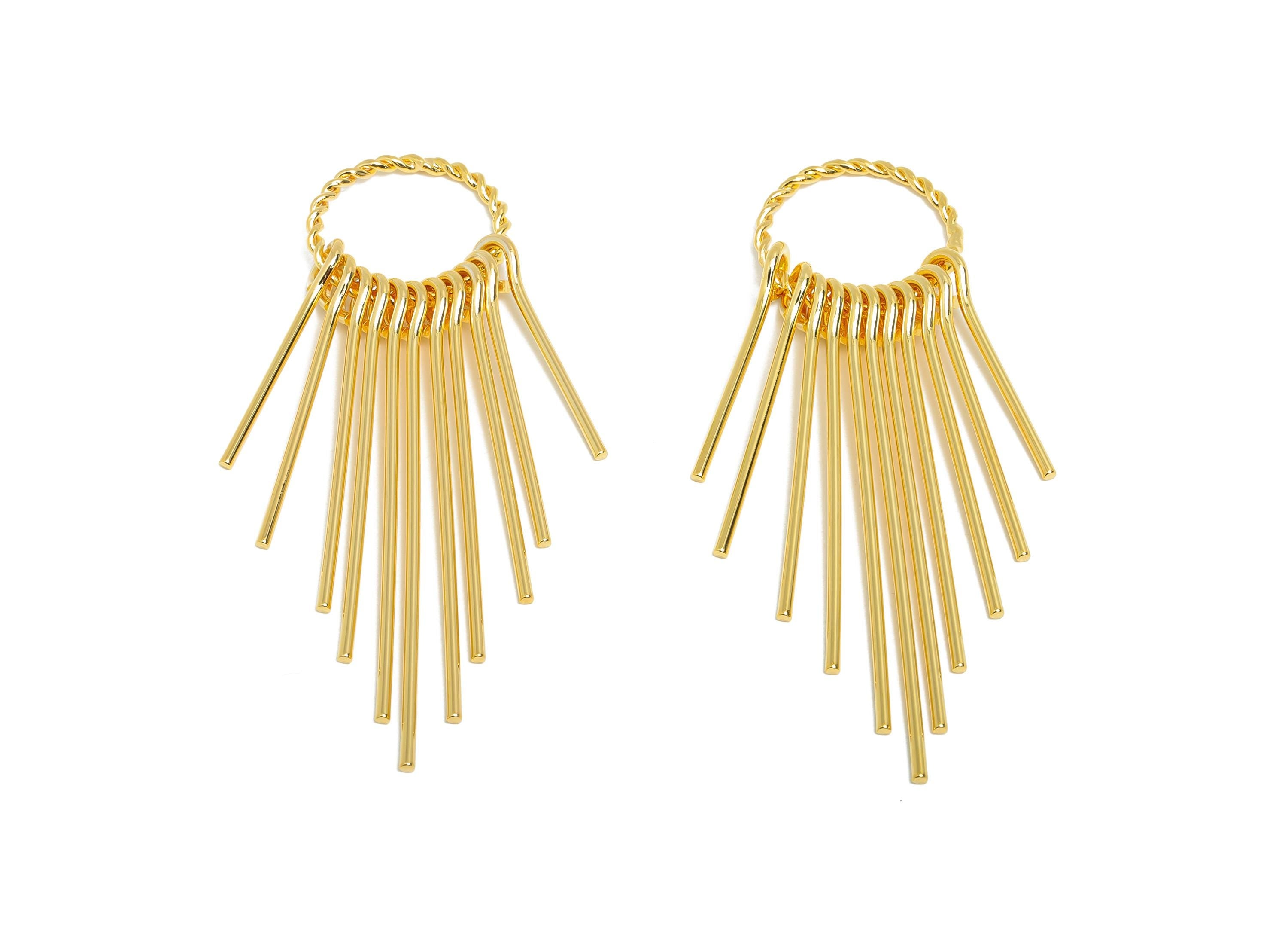 Twisted Hoop Tassel Charm - Brass Minimalist Long Earring - Modern Dangle Earring - Sleek Linear - 18k Real Gold Plating - 63x18x1mm-RGP9401 - DOMEDBAZAAR