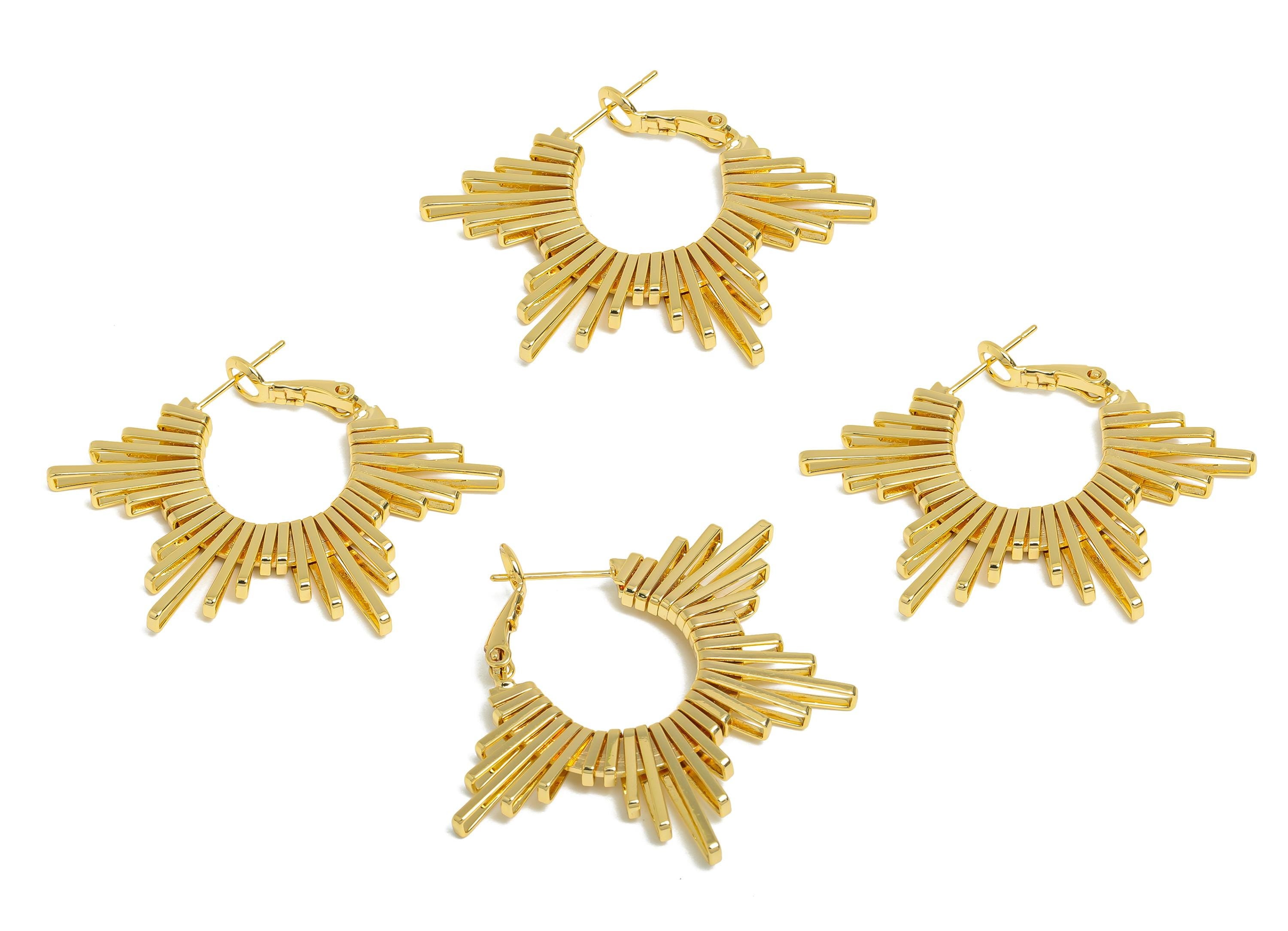 Brass Dazzling Sunray Earring - Gold Unique Fan Earring - Geometric Clasp Back Earrings - 18K Real Gold-Plated Brass - 45x31x2.8mm - RGP9520 - DOMEDBAZAAR