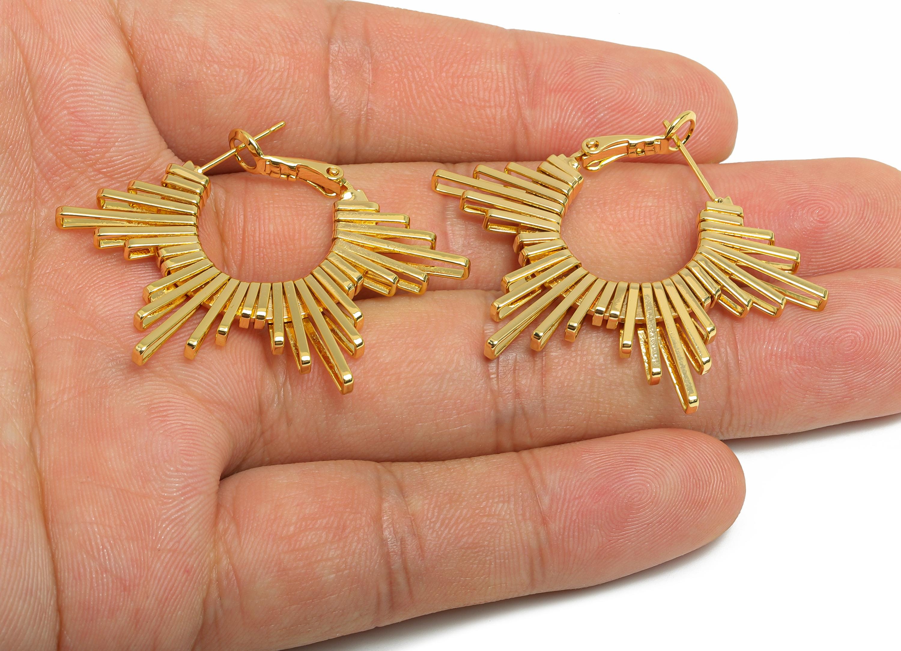 Brass Dazzling Sunray Earring - Gold Unique Fan Earring - Geometric Clasp Back Earrings - 18K Real Gold-Plated Brass - 45x31x2.8mm - RGP9520 - DOMEDBAZAAR