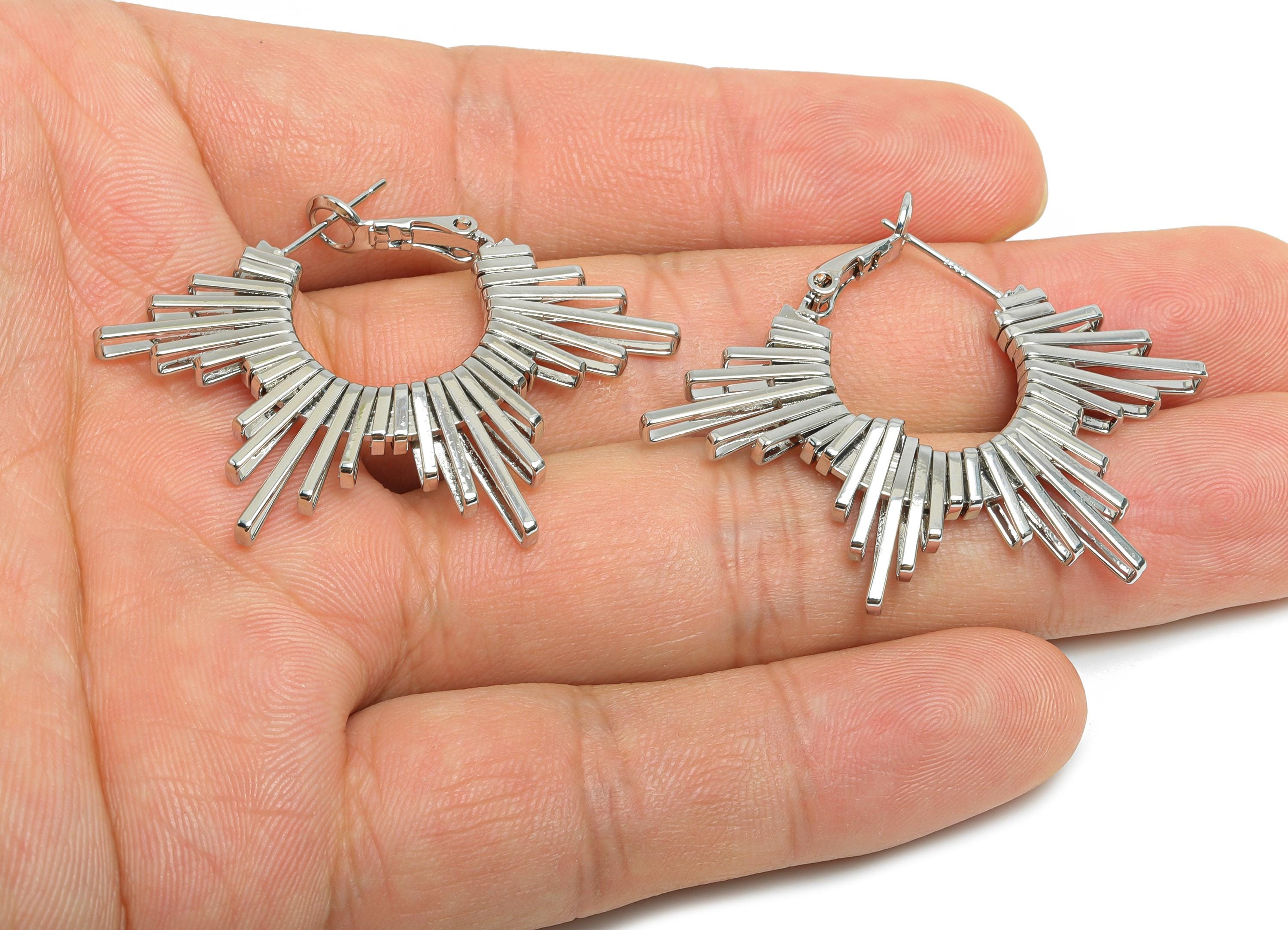 Brass Dazzling Sunray Earring - White Unique Fan Earring - Geometric Clasp Back Earring - 18K Real White Gold-Plated - 45x31x2.8mm -RGP9520S - DOMEDBAZAAR