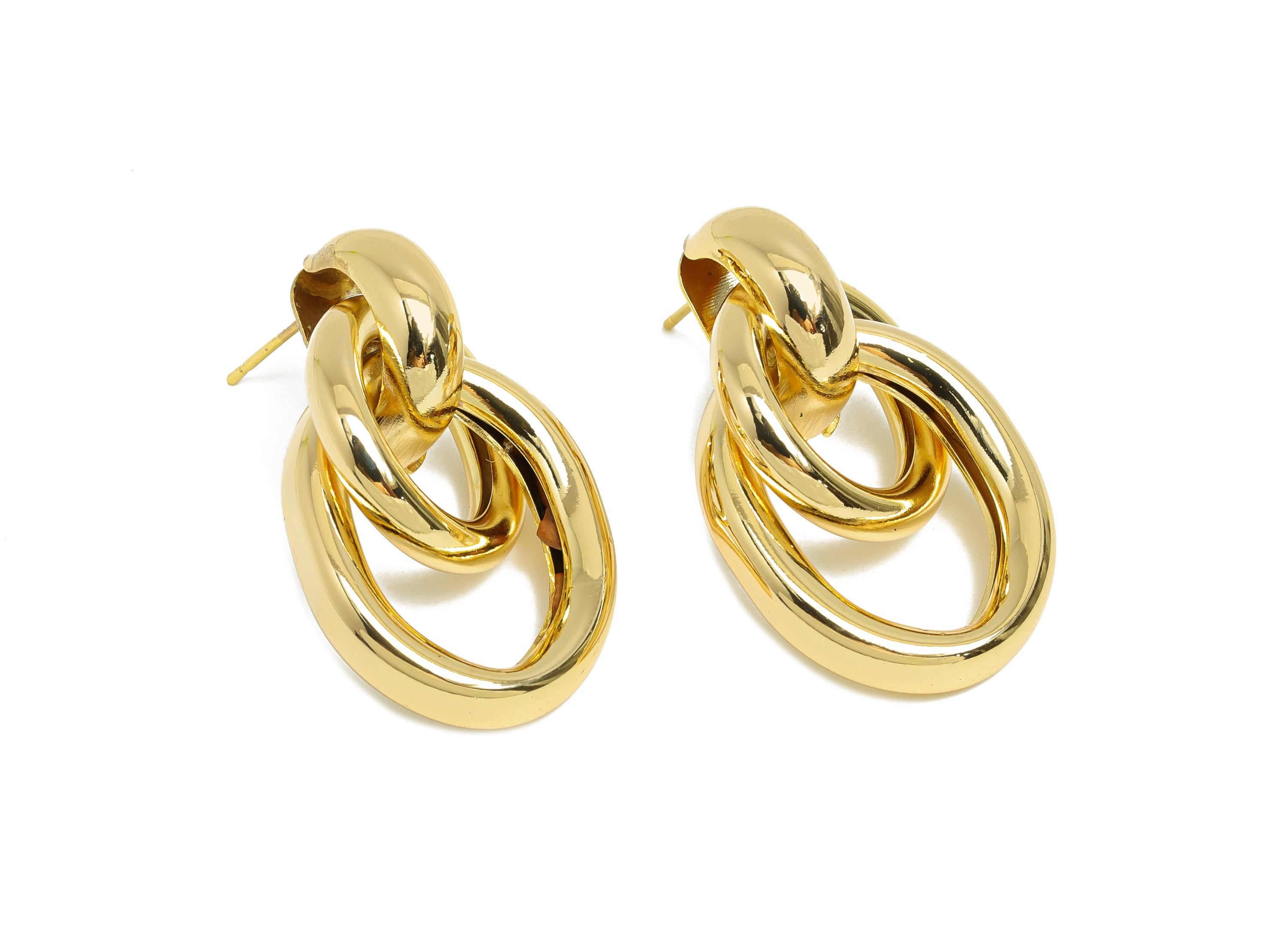 Brass Dangle Earrings Stud - Gold Interlock Chain Earring Post - Statement Dangle Earrings Post -18K Real Gold-Plated - 35x21x11mm -RGP9448 - DOMEDBAZAAR