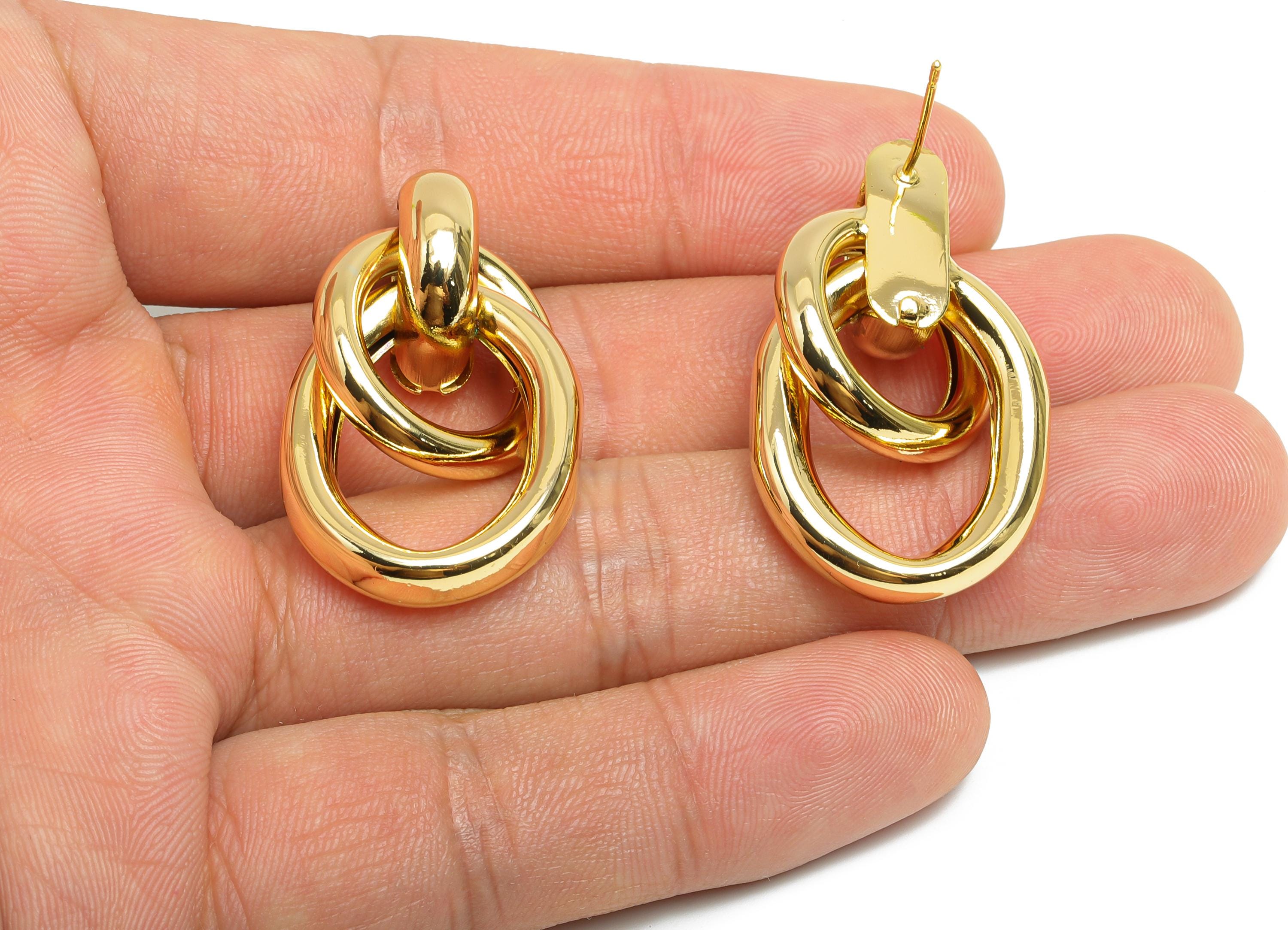 Brass Dangle Earrings Stud - Gold Interlock Chain Earring Post - Statement Dangle Earrings Post -18K Real Gold-Plated - 35x21x11mm -RGP9448 - DOMEDBAZAAR