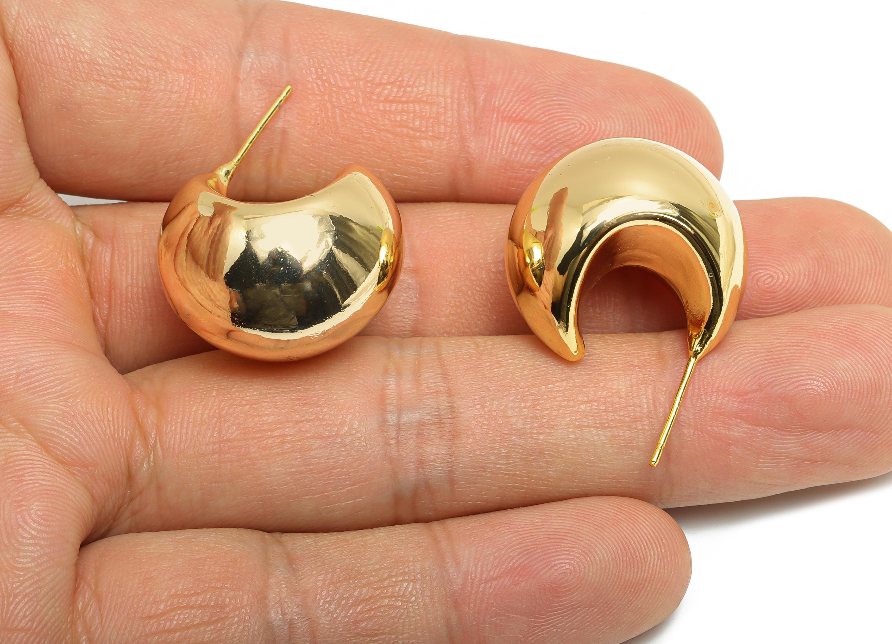 Gold Crescent Hoop Earring - Brass Bold Crescent Earring Stud - Chunky Crescent Earring - 18k Real Gold Plating - 38x20x2mm - RGP9440 - DOMEDBAZAAR
