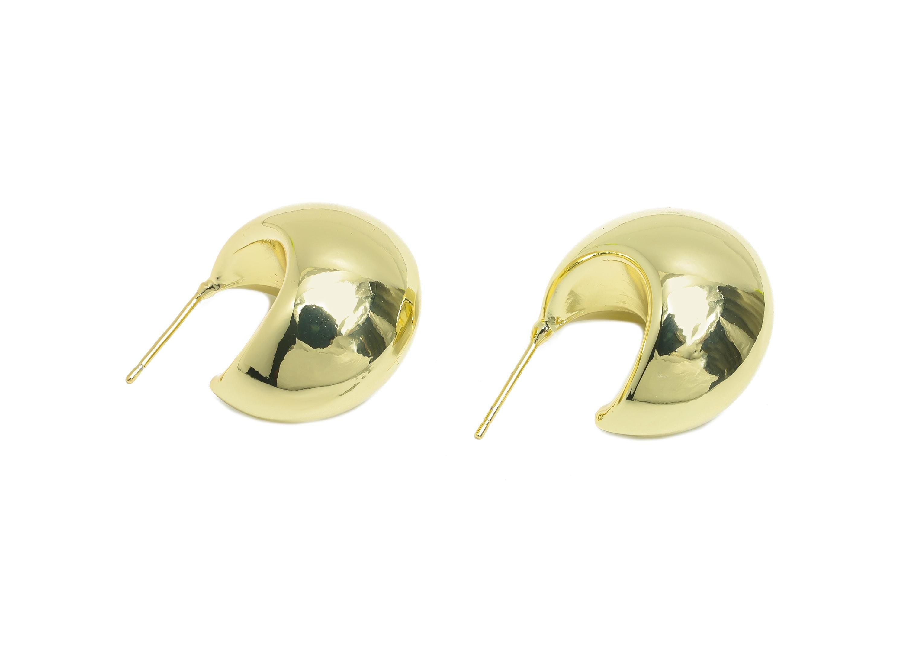 Gold Crescent Hoop Earring - Brass Bold Crescent Earring Stud - Chunky Crescent Earring - 14k Real Gold Plating - 38x20x2mm - RGP9440-14 - DOMEDBAZAAR