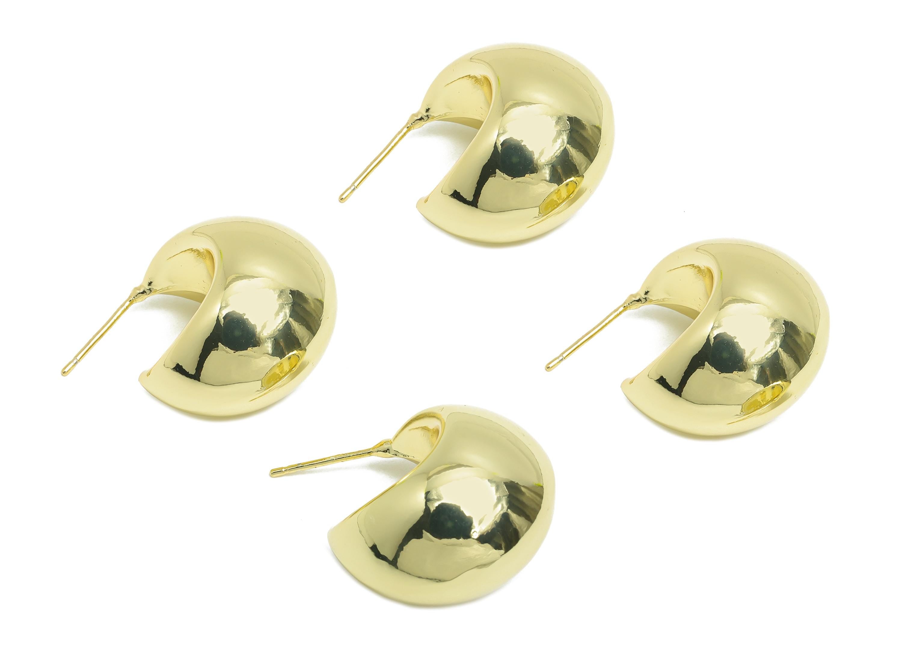 Gold Crescent Hoop Earring - Brass Bold Crescent Earring Stud - Chunky Crescent Earring - 14k Real Gold Plating - 38x20x2mm - RGP9440-14 - DOMEDBAZAAR