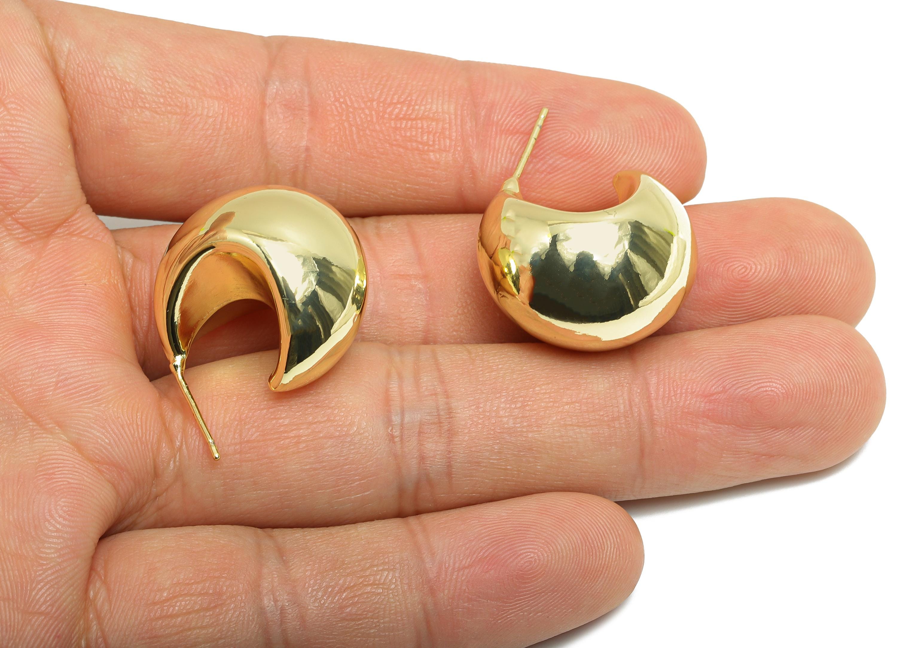 Gold Crescent Hoop Earring - Brass Bold Crescent Earring Stud - Chunky Crescent Earring - 14k Real Gold Plating - 38x20x2mm - RGP9440-14 - DOMEDBAZAAR