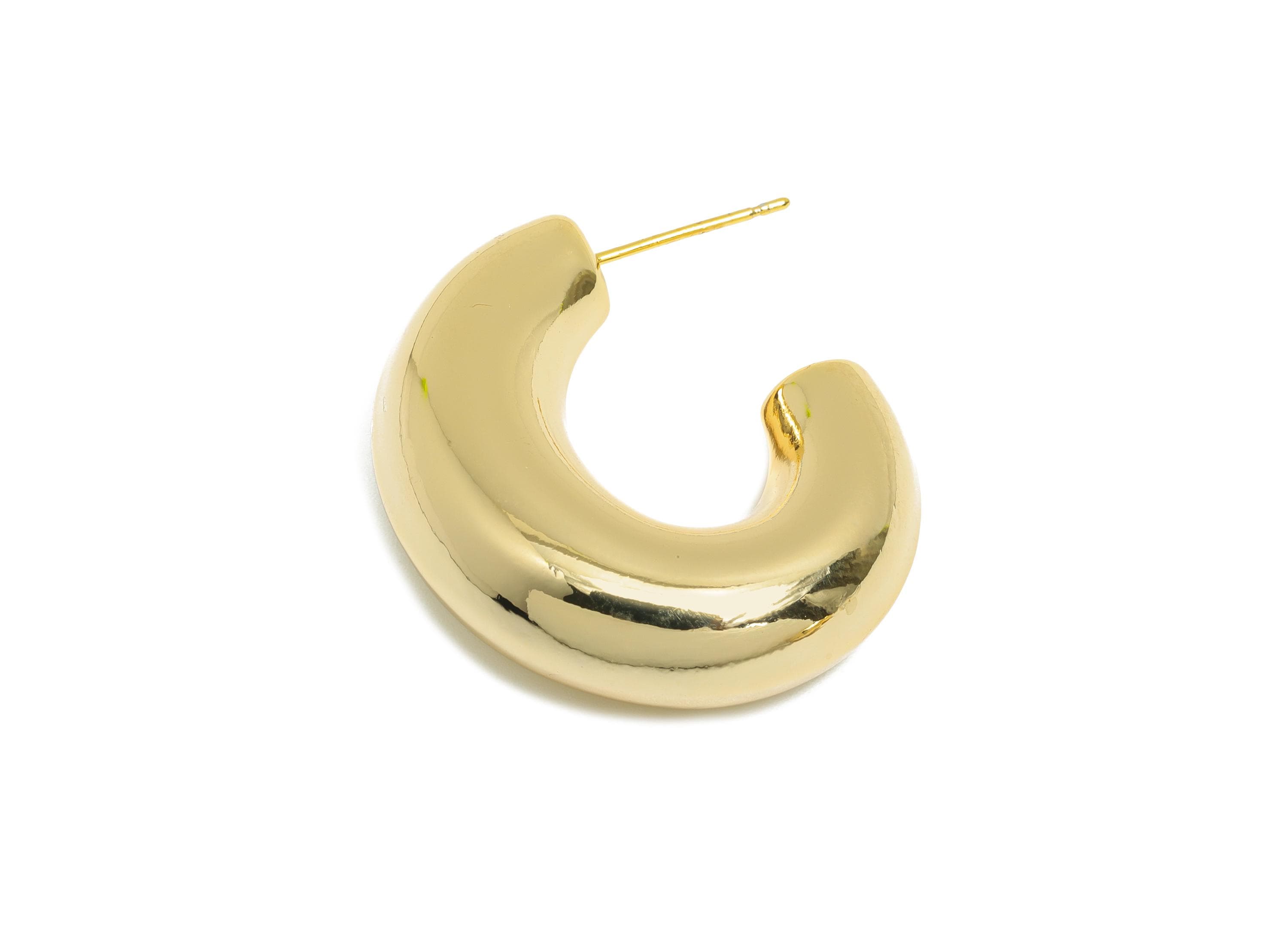 Chunky Hoop Earring - Brass Bold Curved Earring Stud - Chunky Crescent Earring - 18k Real Gold Plating - 33.5x29x10.5mm - RGP9426 - DOMEDBAZAAR