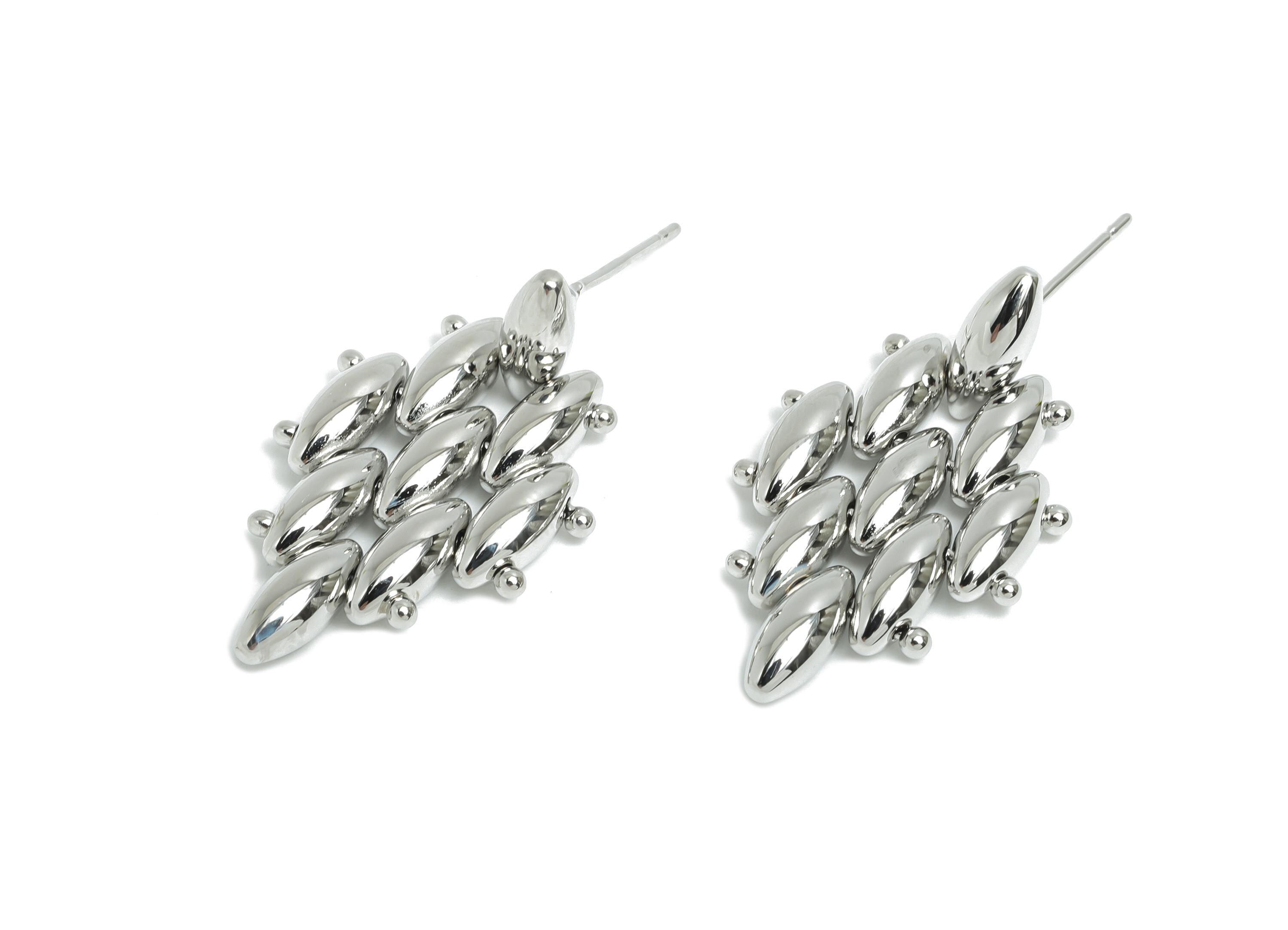 Marquise Cluster Earring - Brass Layered Marquise Earring Stud - Geometric Cluster Jewelry - 18k Real White Gold Plated - 27x17x3mm-RGP9438S - DOMEDBAZAAR