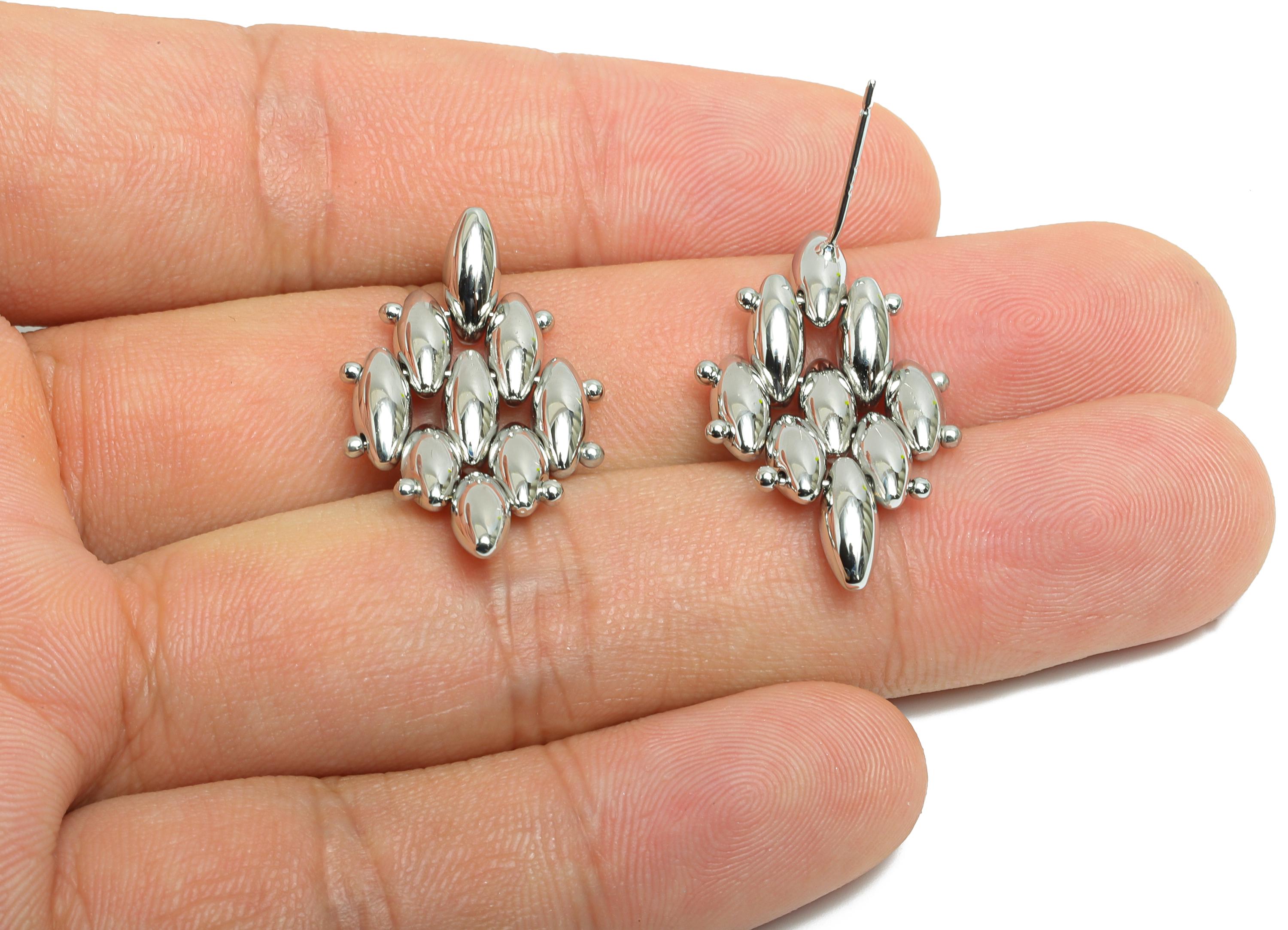 Marquise Cluster Earring - Brass Layered Marquise Earring Stud - Geometric Cluster Jewelry - 18k Real White Gold Plated - 27x17x3mm-RGP9438S - DOMEDBAZAAR