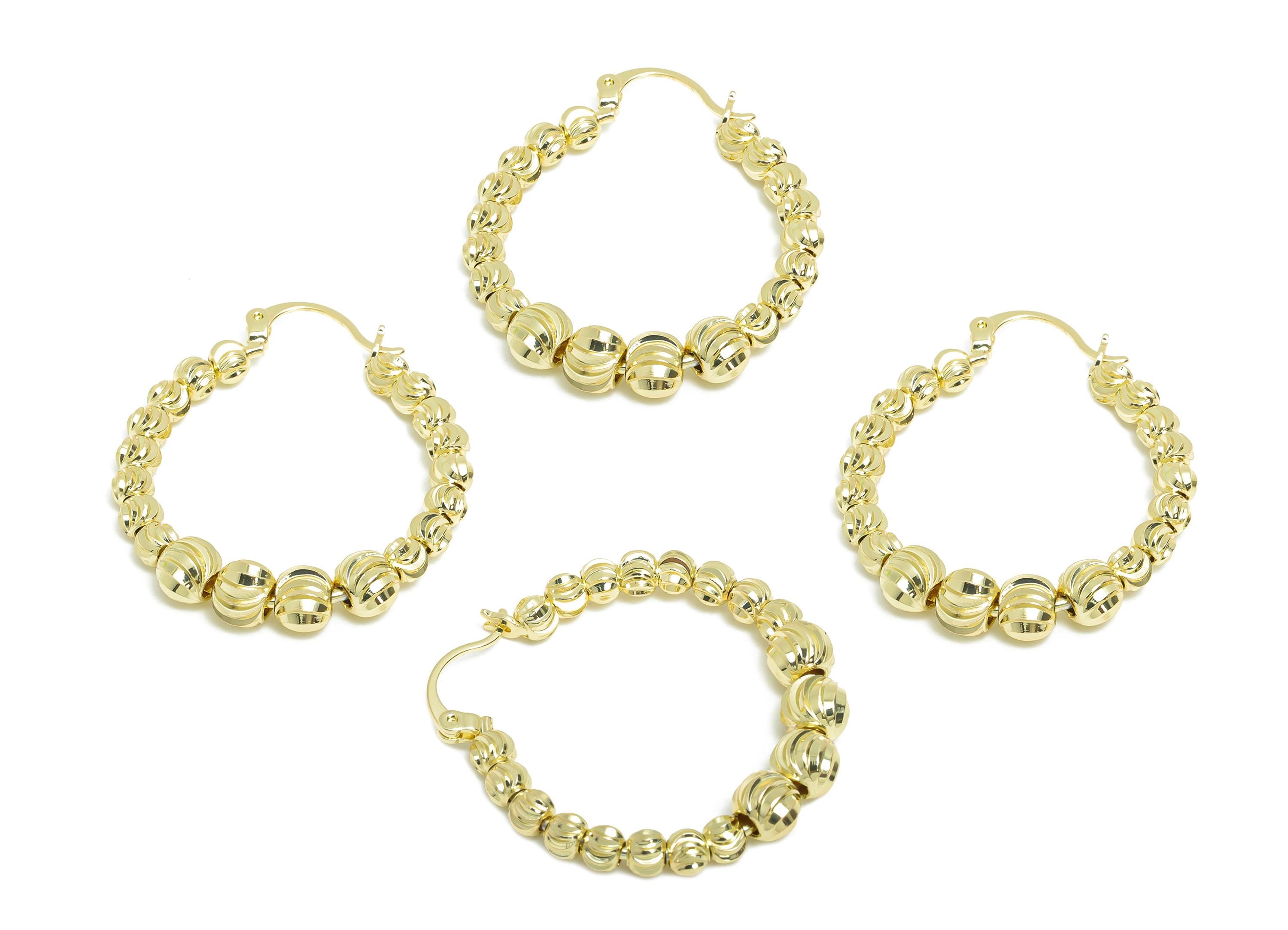 Brass Beaded Hoop Earring - Brass Textured Beaded Hoop - Hinged Back - Classic Gold Hoops - 14k Real Gold Plating - 35x30x5.3mm - RGP9435-14 - DOMEDBAZAAR