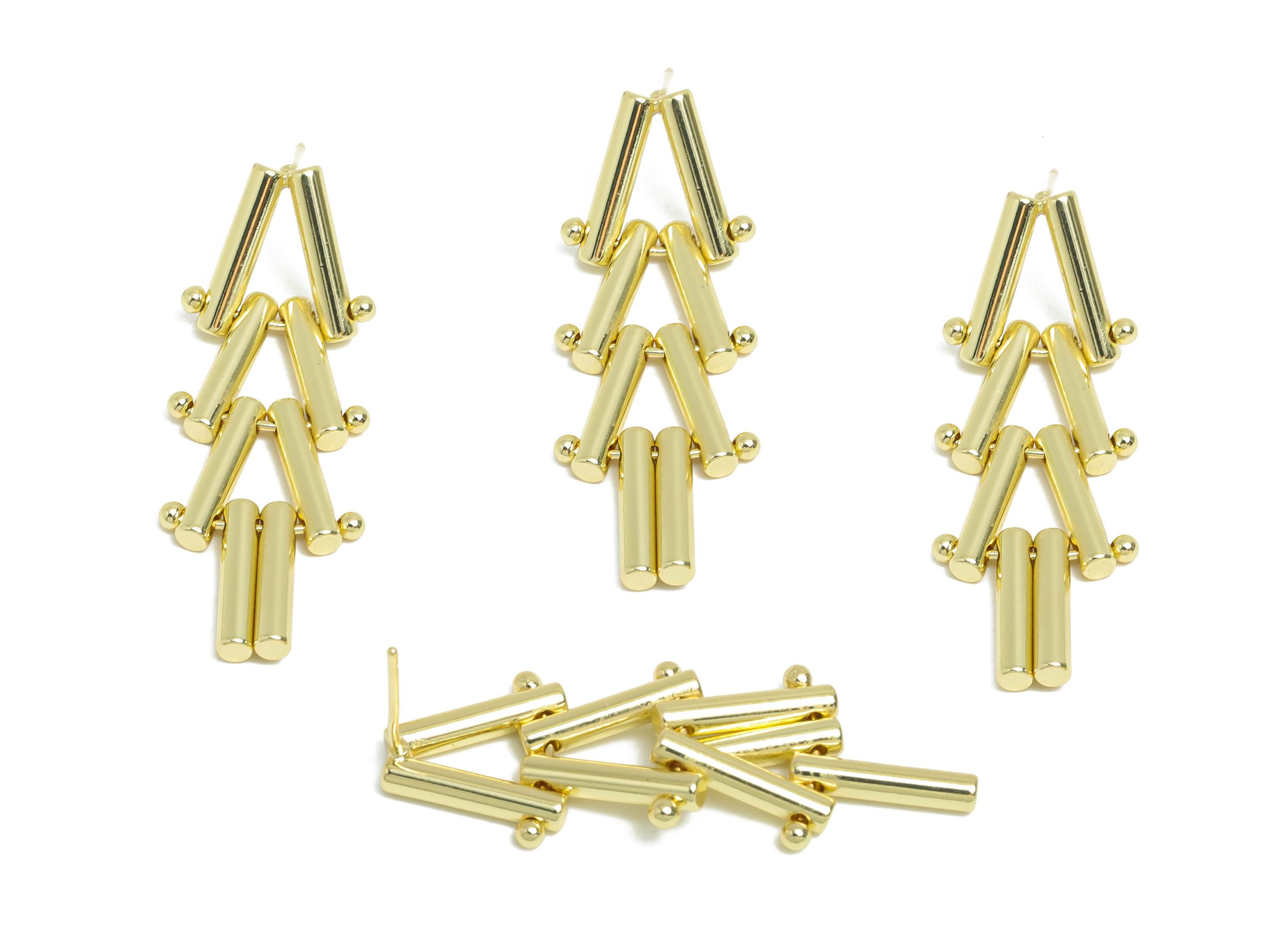 Triangle Dangle Earring - Brass Long Interlock Earring Post - Gold Unique Geometric Earring -14K Real Gold Plated -38x13.7x2.5mm -RGP9519-14 - DOMEDBAZAAR