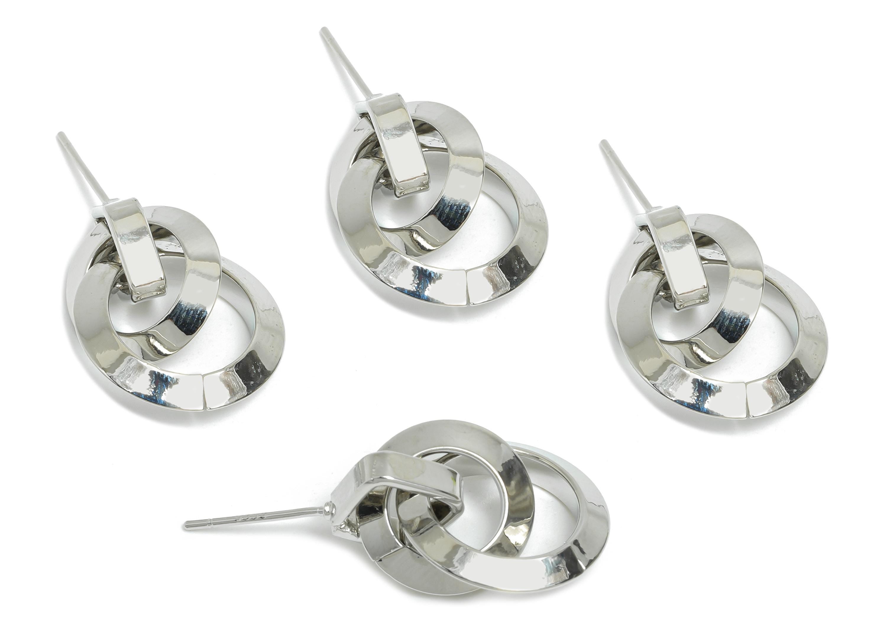 Brass Dangle Chain Earring Stud - White Interlock Hoop Earring Post - Bold Dangle Earring Post -18K White Gold-Plated -20.4x17x3mm -RGP9530S - DOMEDBAZAAR