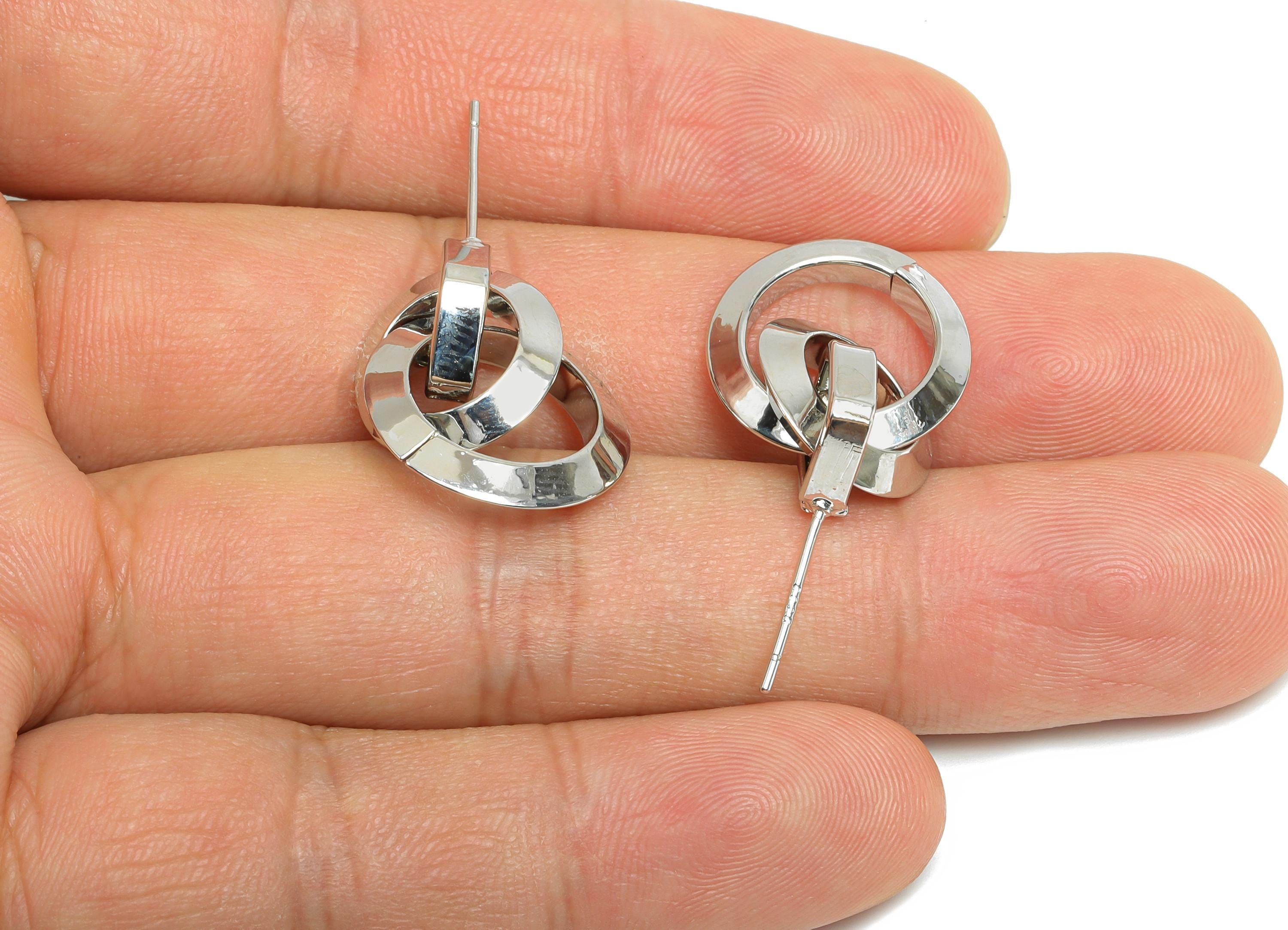 Brass Dangle Chain Earring Stud - White Interlock Hoop Earring Post - Bold Dangle Earring Post -18K White Gold-Plated -20.4x17x3mm -RGP9530S - DOMEDBAZAAR