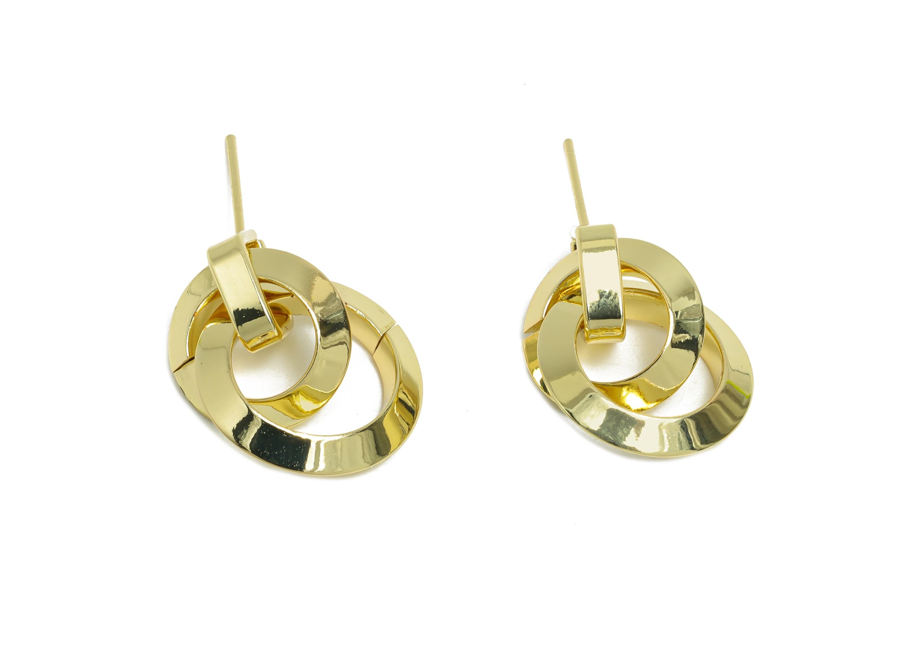 Brass Dangle Chain Earring Stud - Gold Interlock Hoop Earring Post - Bold Dangle Earring Post -14K Real Gold-Plated -20.4x17x3mm -RGP9530-14 - DOMEDBAZAAR