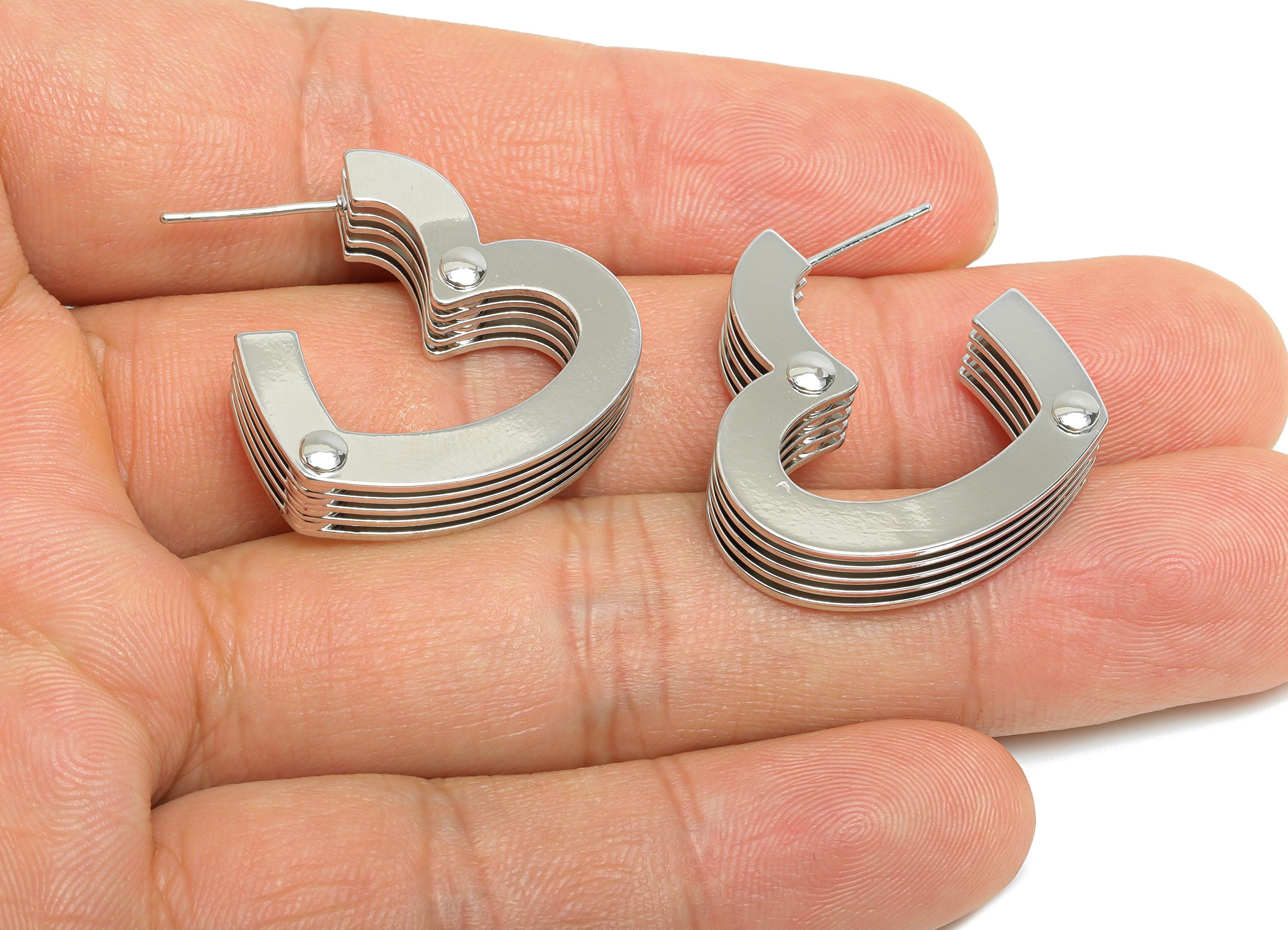 Brass Stacked Heart Earring - White 5 Layers Heart Earring Post - Statement Earring Post - 18K Real White Gold Plated -25x24x6.8mm- RGP9526S - DOMEDBAZAAR