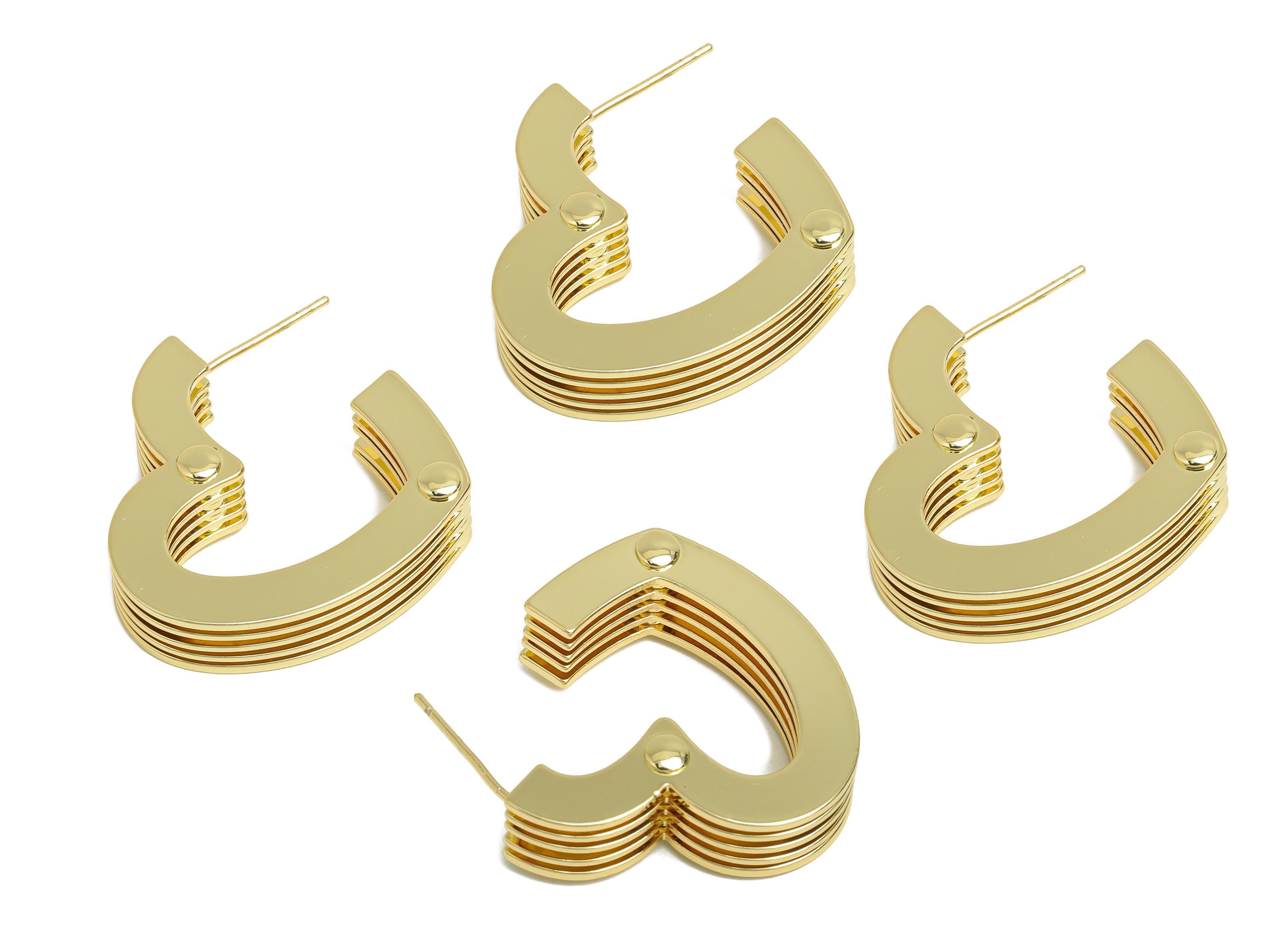 Brass Stacked Heart Stud Earring - Gold 5 Layers Heart Earring Post - Statement Earring Post - 14K Real Gold Plated -25x24x6.8mm- RGP9526-14 - DOMEDBAZAAR
