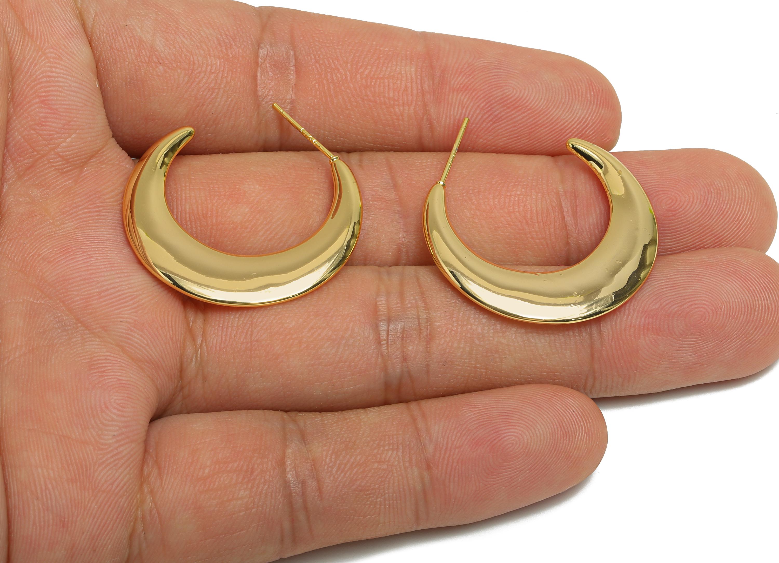 Brass Crescent Earrings Stud - Gold Half-Moon Earrings - Minimalist Open C Hoop Earrings Post- 18K Real Gold-Plated -29.6x4x2.28mm -RGP9501 - DOMEDBAZAAR
