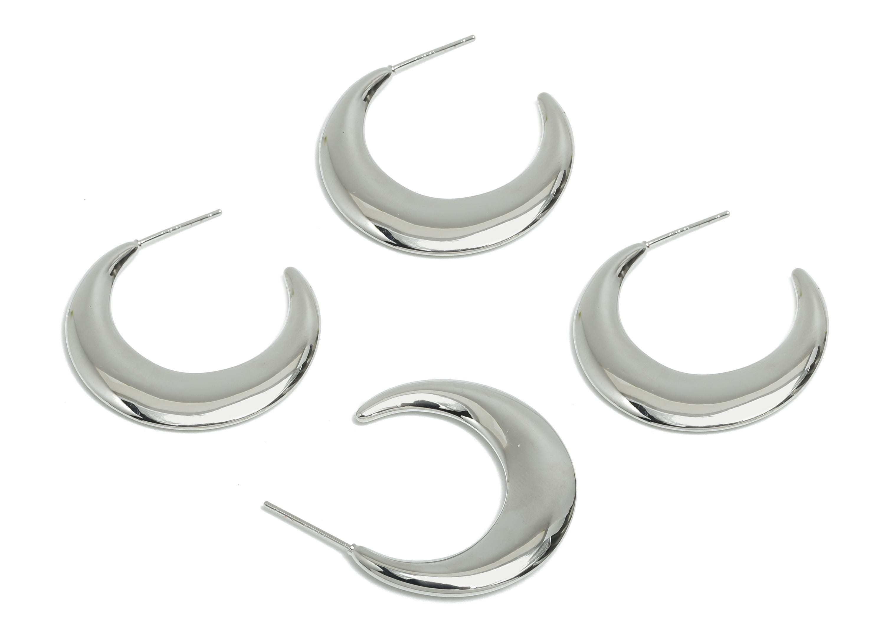 Brass Crescent Earring Stud - White Half-Moon Earring - Minimalist Open C Hoop Earring Post- 18K White Gold-Plated -29.6x4x2.28mm -RGP9501S - DOMEDBAZAAR