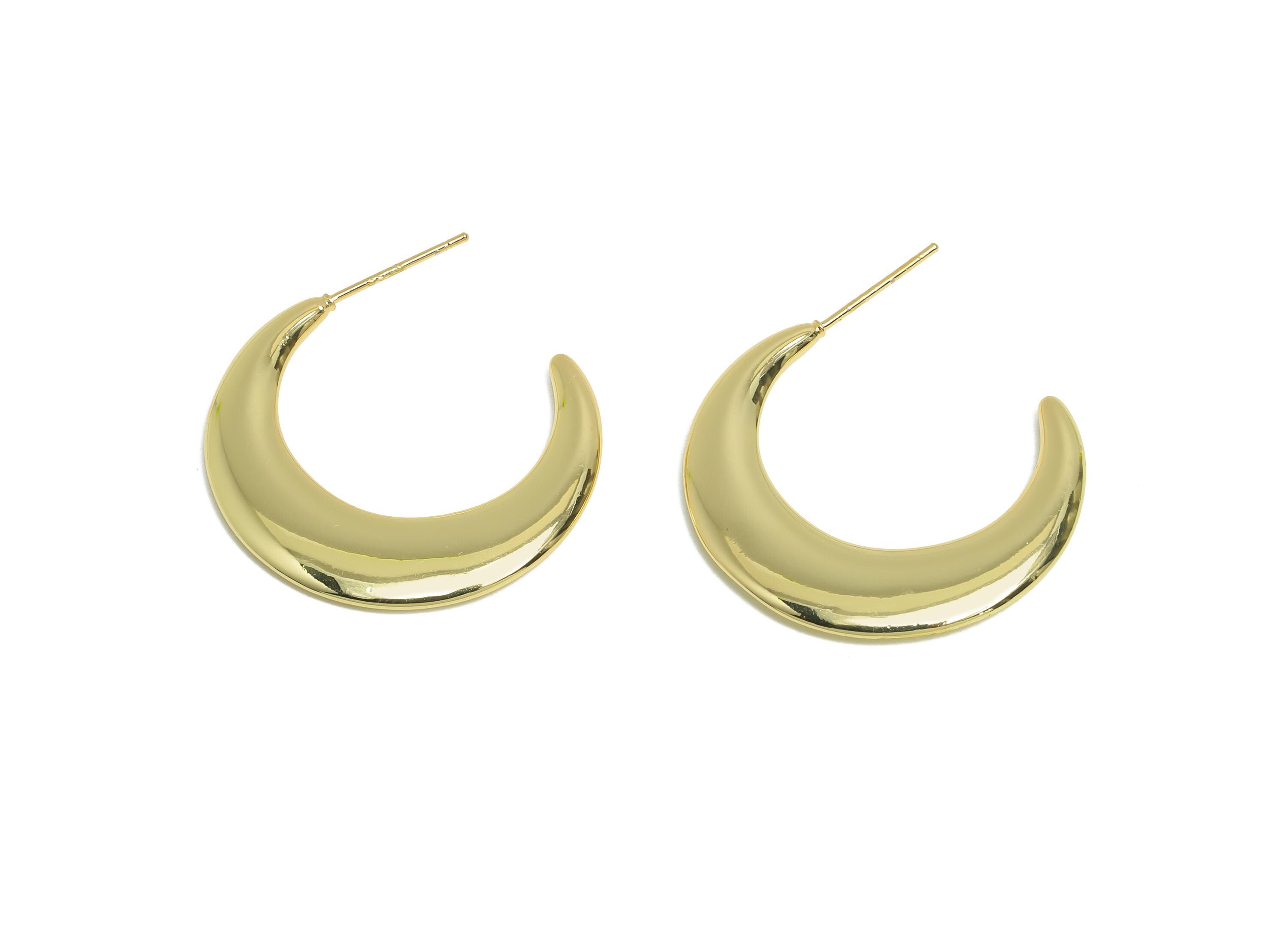 Brass Crescent Earrings Stud - Gold Half-Moon Earring - Minimalist Open C Hoop Earring Post- 14K Real Gold-Plated -29.6x4x2.28mm -RGP9501-14 - DOMEDBAZAAR