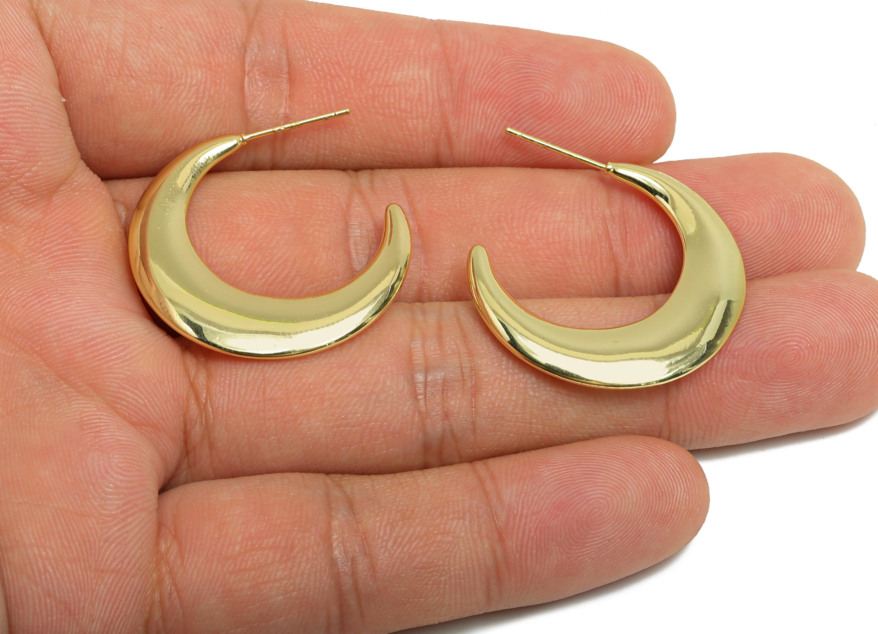Brass Crescent Earrings Stud - Gold Half-Moon Earring - Minimalist Open C Hoop Earring Post- 14K Real Gold-Plated -29.6x4x2.28mm -RGP9501-14 - DOMEDBAZAAR