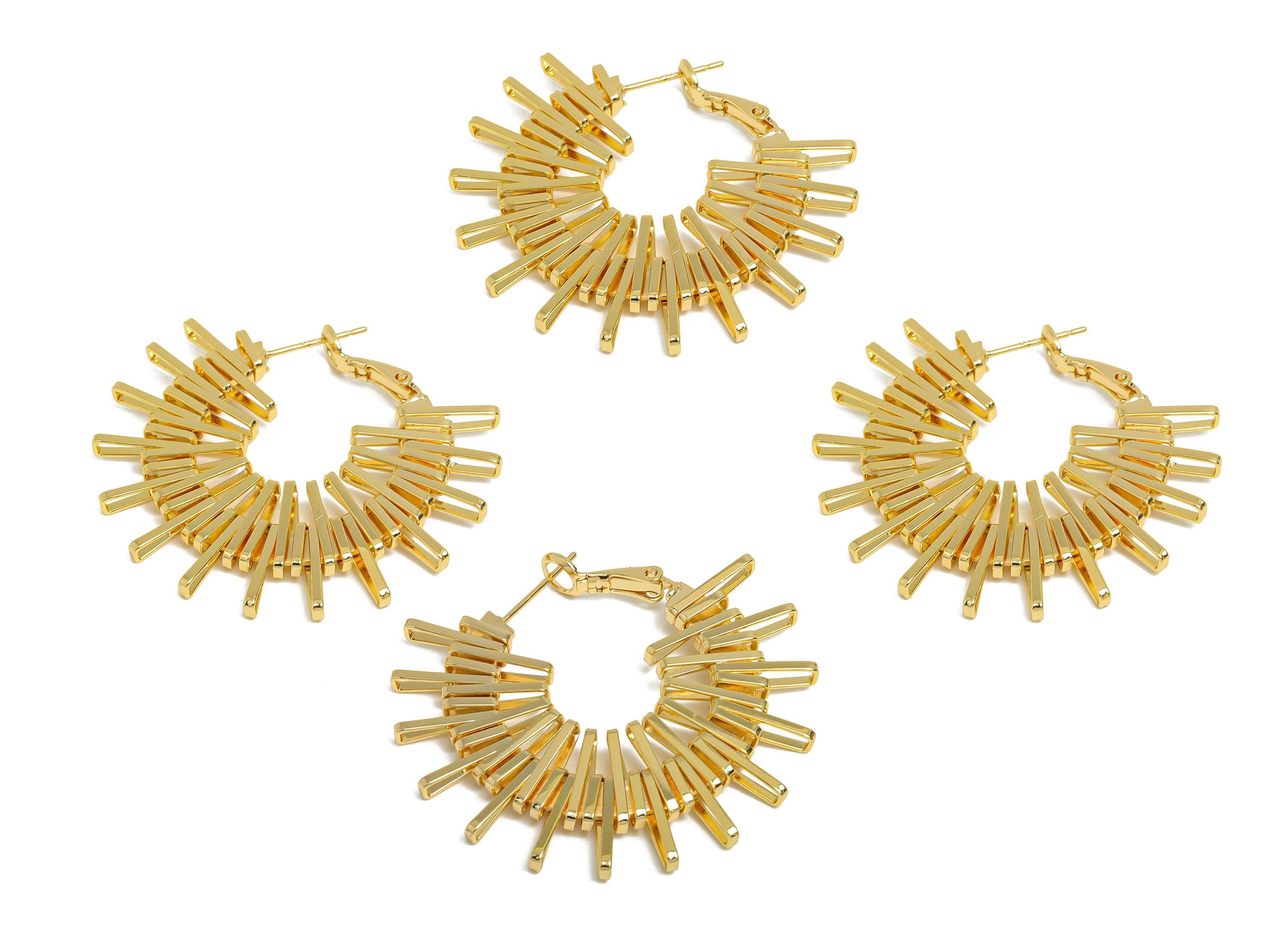 Brass Dazzling Sunray Earrings - Gold Unique Fan Earring - Geometric Clasp Back Earrings - 18K Real Gold-Plated Brass - 42x38x3mm - RGP9503 - DOMEDBAZAAR