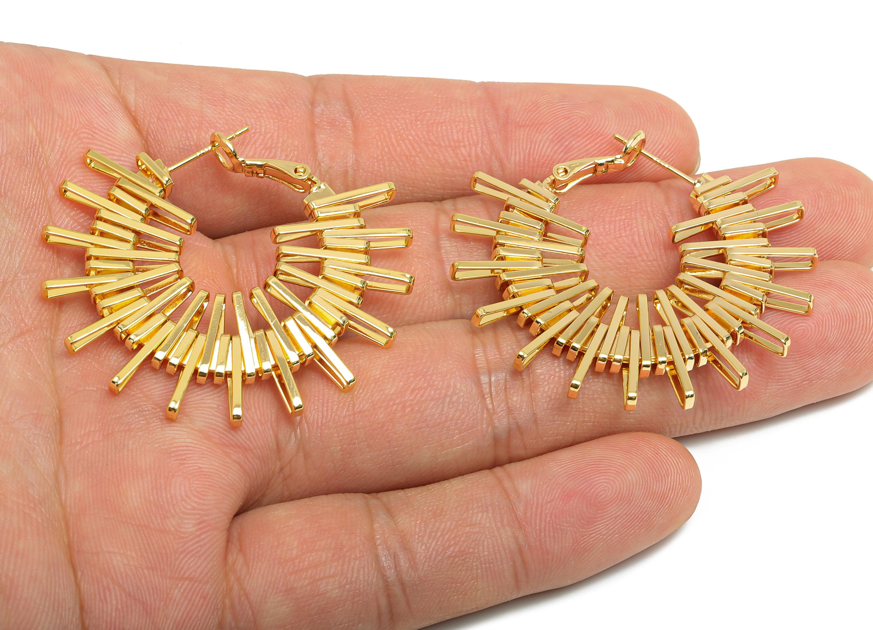 Brass Dazzling Sunray Earrings - Gold Unique Fan Earring - Geometric Clasp Back Earrings - 18K Real Gold-Plated Brass - 42x38x3mm - RGP9503 - DOMEDBAZAAR