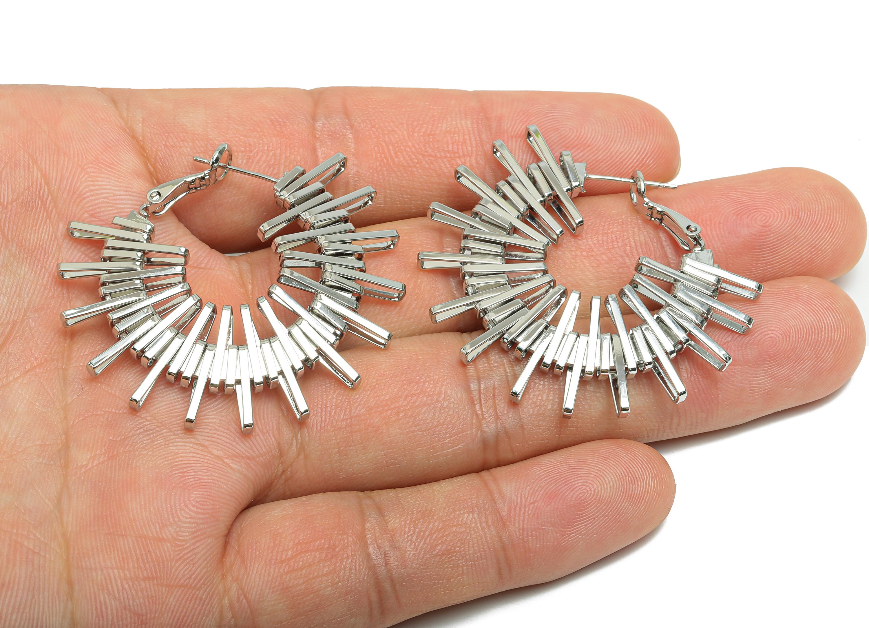 Brass Dazzling Sunray Earrings - White Unique Fan Earring - Geometric Clasp Back Earring - 18K Real White Gold-Plated - 42x38x3mm - RGP9503S - DOMEDBAZAAR